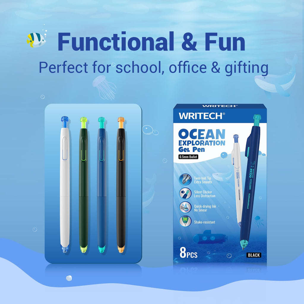 WRITECH Retractable Gel Ink Pens: 8ct Black Ink 0.5mm Fine Point Tip Click Pen for Smooth Writing Journaling Note Taking Sketching No Smudge & Smear