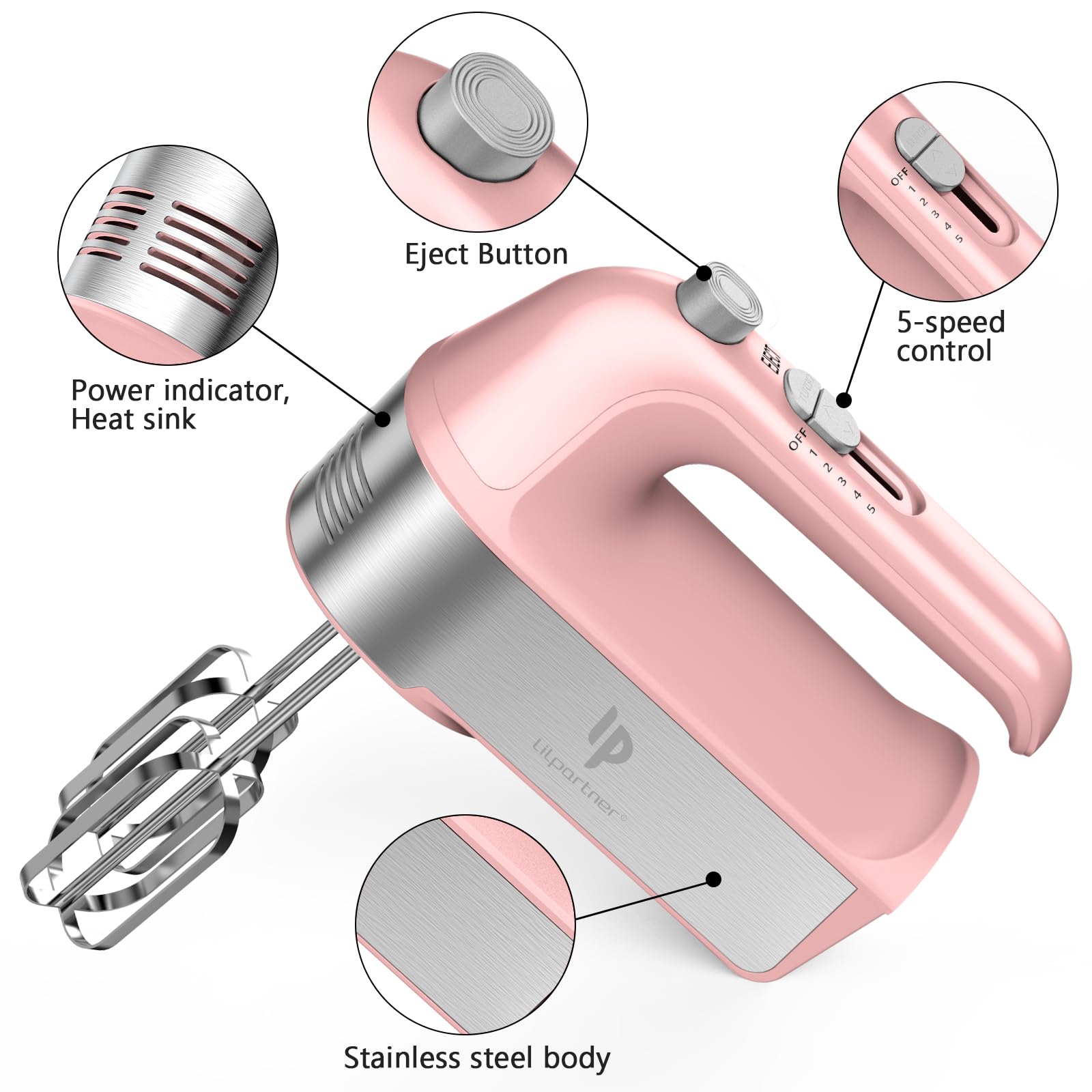 Hand Mixer Electric, 450W Kitchen Mixers with Scale Cup Storage Case, Turbo Boost/Self-Control Speed + 5 Speed + Eject Button + 5 Stainless Steel Accessories, For Easy Whipping Dough,Cream,Cake