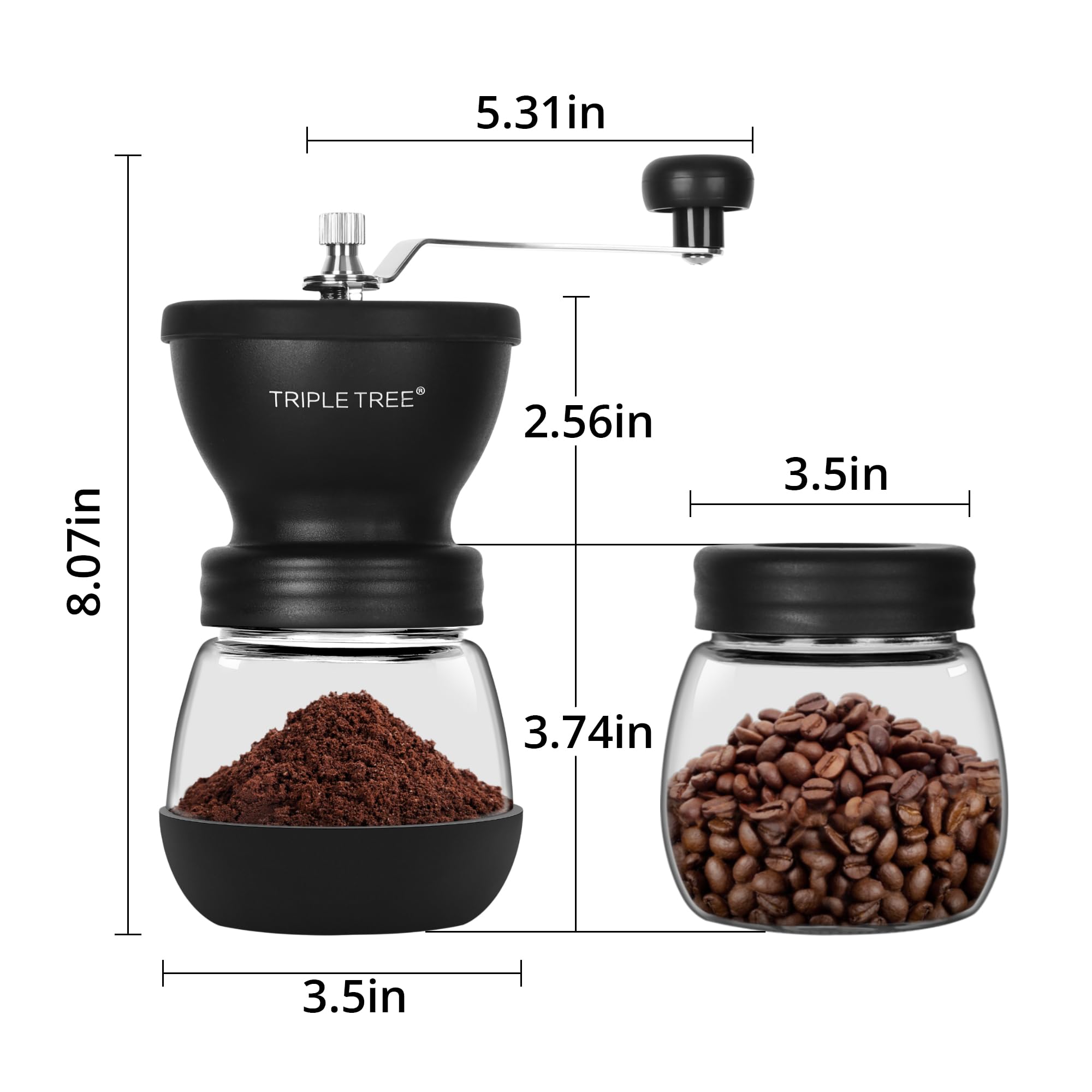 Manual Coffee Grinder with Ceramic Burrs and Lengthen Stainless Steel Handle, Hand Coffee Mill with 2 Glass Jars(11oz Each), Brush and Tablespoon Scoop, Coffee Bean Grinder for Camping, Black
