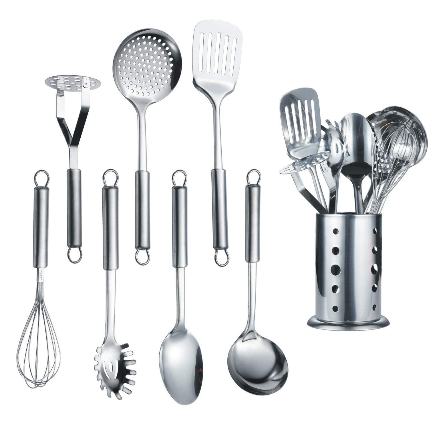 Berglander Stainless Steel Kitchen Utensil 7 Piece with 1 Stand, Slotted Tuner, Ladle, Skimmer, Serving Spoon, Pasta Server,Potato Maseher, Egg Whisk. Kitchen Tool Set. Kitchenware with Holder.