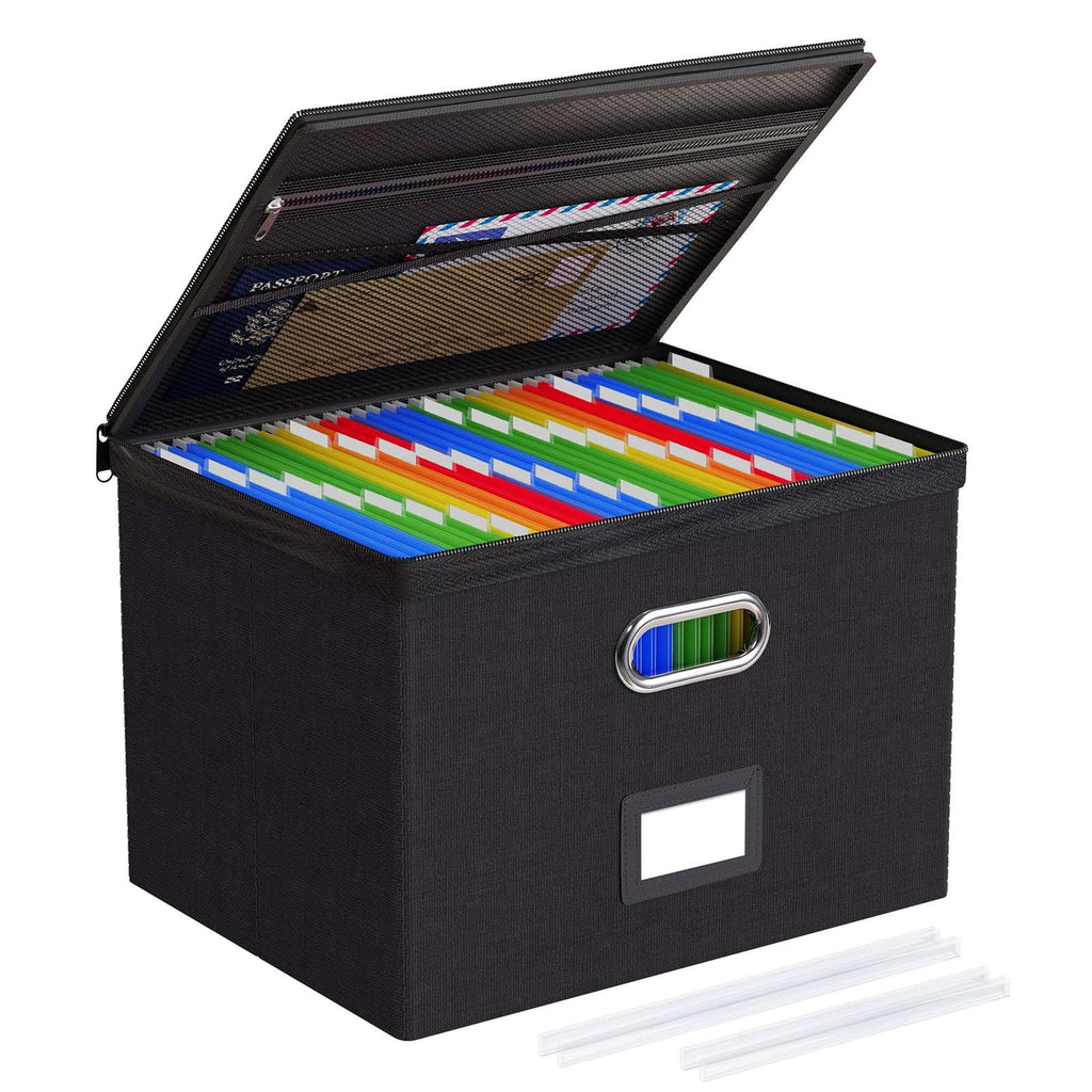 Oterri Zipper File Box with Lid, Legal/Letter Size Document Organizer with Mesh Pockets, Filing Box with Handle, Zippers Document Storage Box for Office/Home/School (1 Pcs, Large-Black)