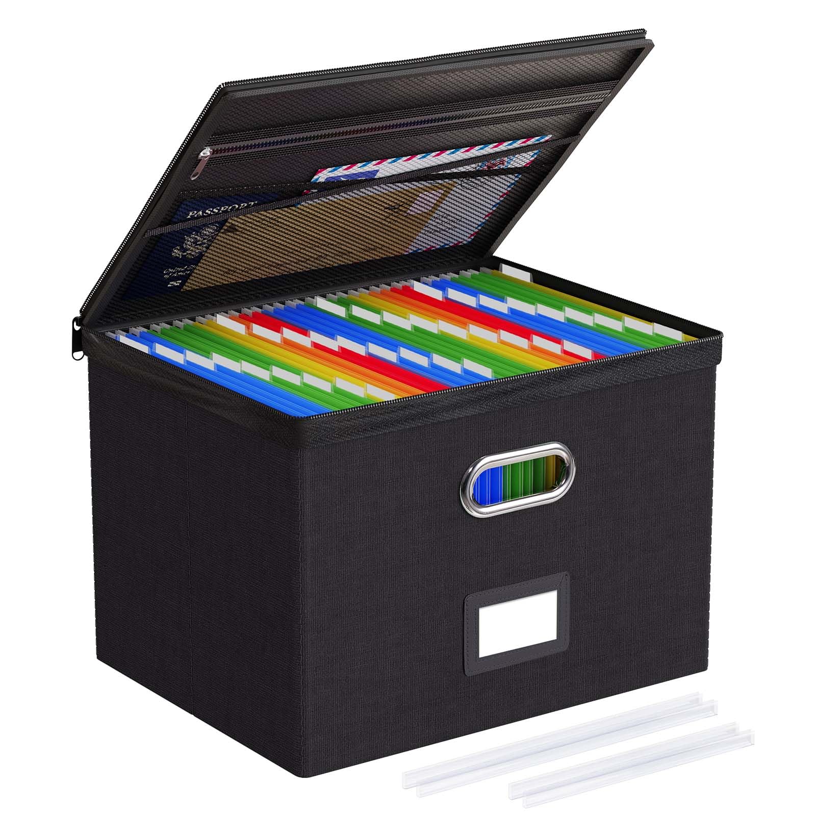 Oterri Zipper File Box with Lid, Legal/Letter Size Document Organizer with Mesh Pockets, Filing Box with Handle, Zippers Document Storage Box for Office/Home/School (1 Pcs, Large-Black)