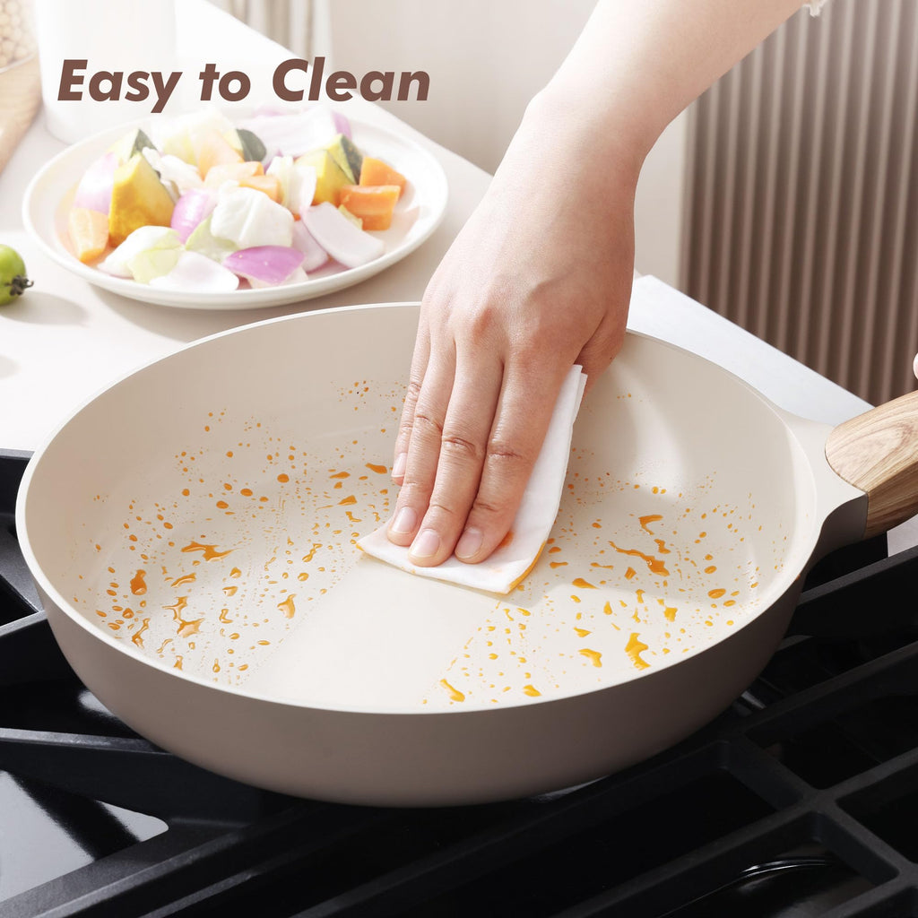 SENSARTE Ceramic Nonstick Frying Pan Skillet with Lid, 8/9.5/11/12.5 Inch Non Stick Pan Wok, Healthy Kitchen Cooking Sauté Pans, Free of Intentionally Added PFOA/PFAS/PTFE, Induction Compatible, Taupe
