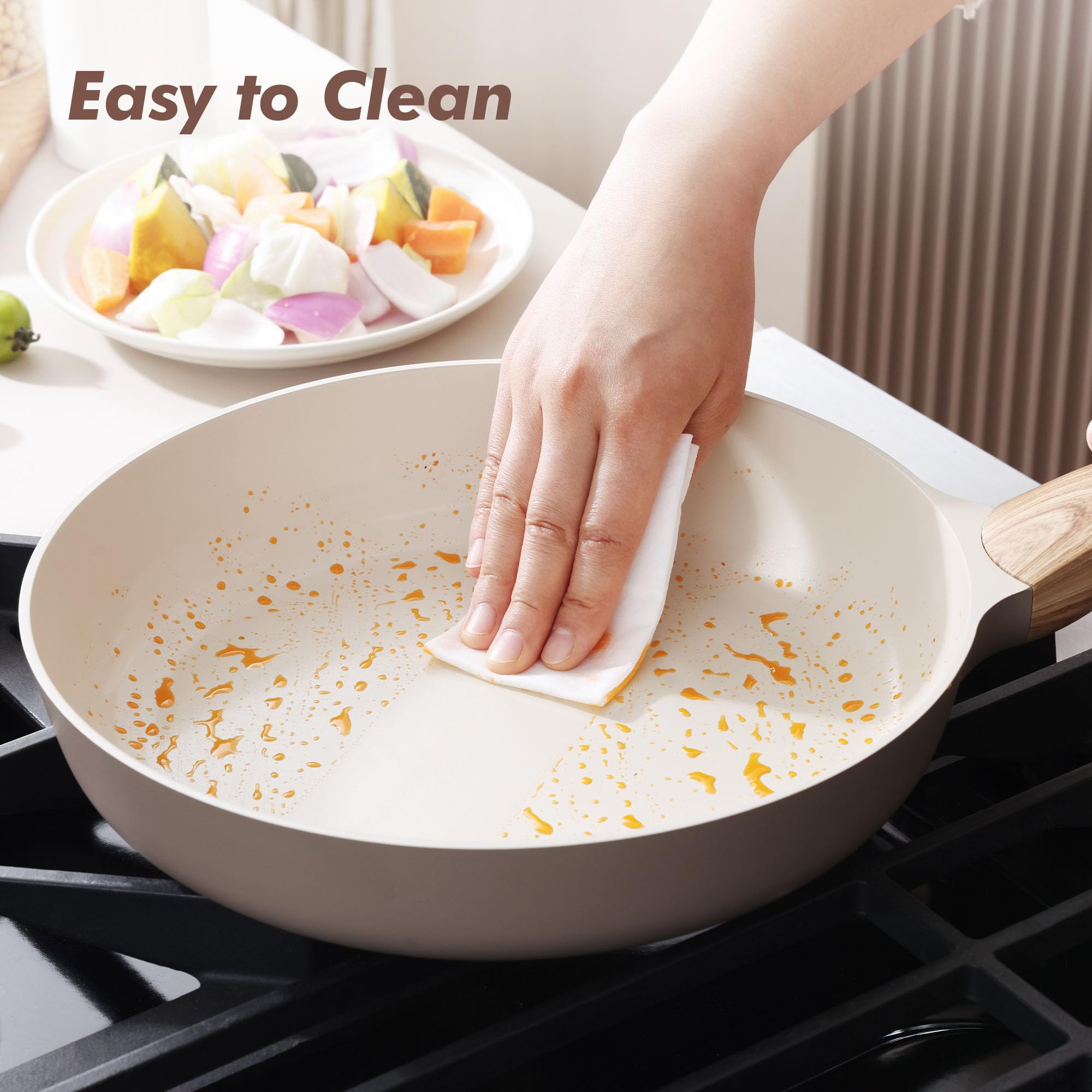 SENSARTE Ceramic Nonstick Frying Pan Skillet with Lid, 8/9.5/11/12.5 Inch Non Stick Pan Wok, Healthy Kitchen Cooking Sauté Pans, Free of Intentionally Added PFOA/PFAS/PTFE, Induction Compatible, Taupe