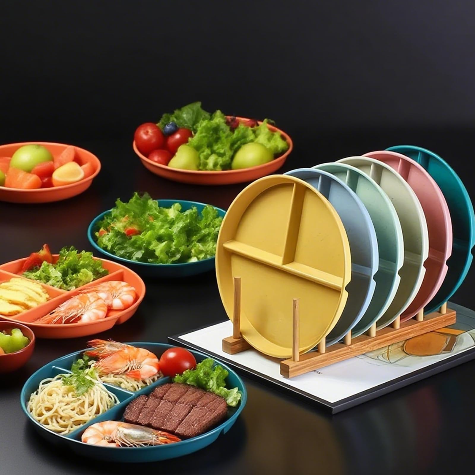8 Pack Divided Plates 9 Inch Unbreakable Portion Control Plate Sectioned with Dividers, Plastic Food Separator Dinner Plates with 8 Spoons Lightweight Compartment Reusable Microwave Safe