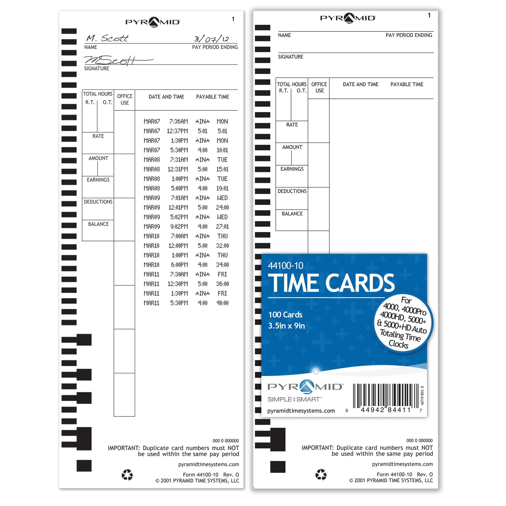 Pyramid Time Systems Time Cards (44100-10) for Pyramid Models 4000, 4000Pro, 4000PROK, 4000HD, 5000 & 5000HD Auto Aligning Clocks, Single Sided Sheets (3.5 x 9 in) - 100 Cards