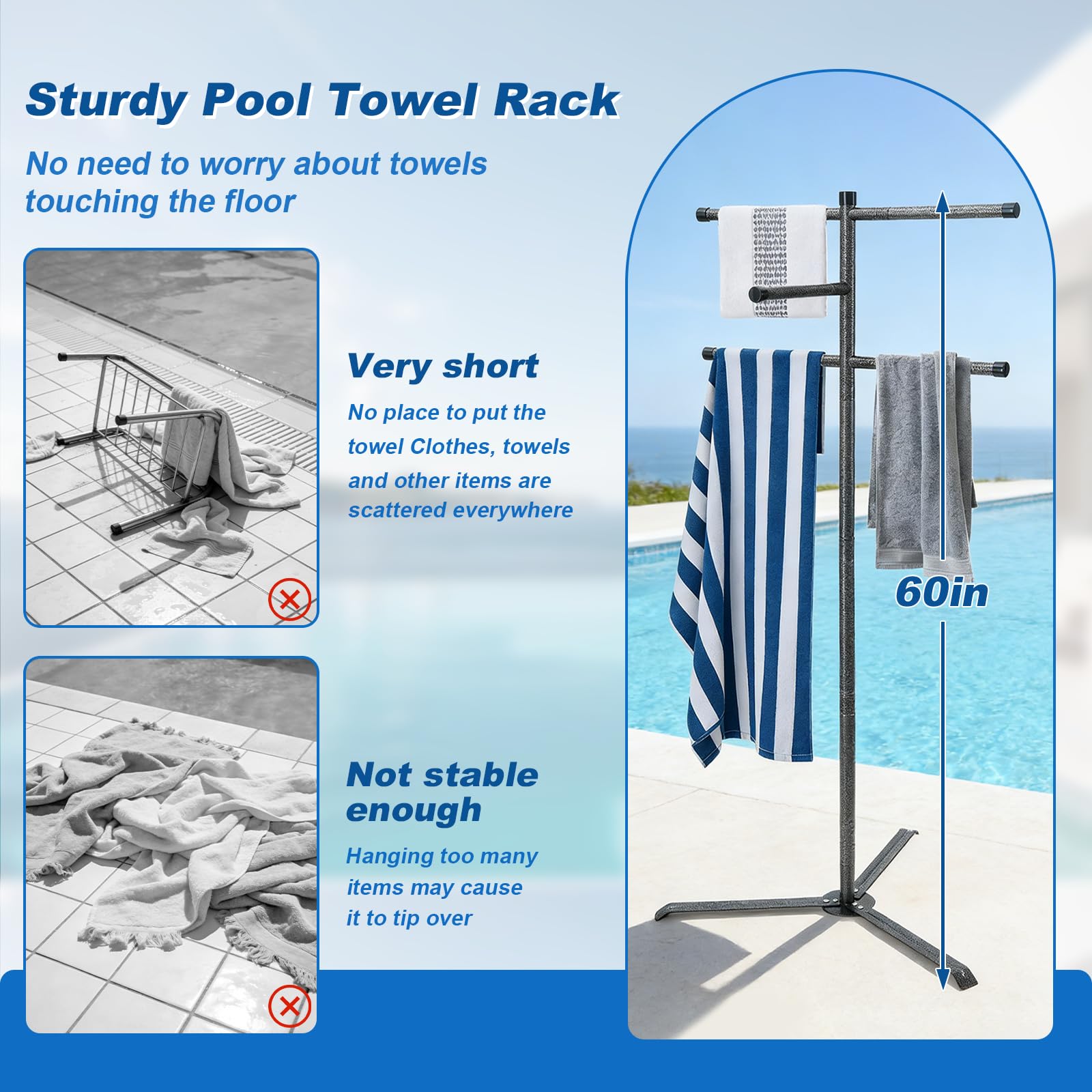 Pool Towel Rack Outdoor 60 Inch Height Outdoor Towel Rack for Pool Heavy-Duty Standing Towel Rack Rustproof & Slip-Resistant Towel Drying Rack Suitable for Indoor Use Towel Stand for Towels, Clothing