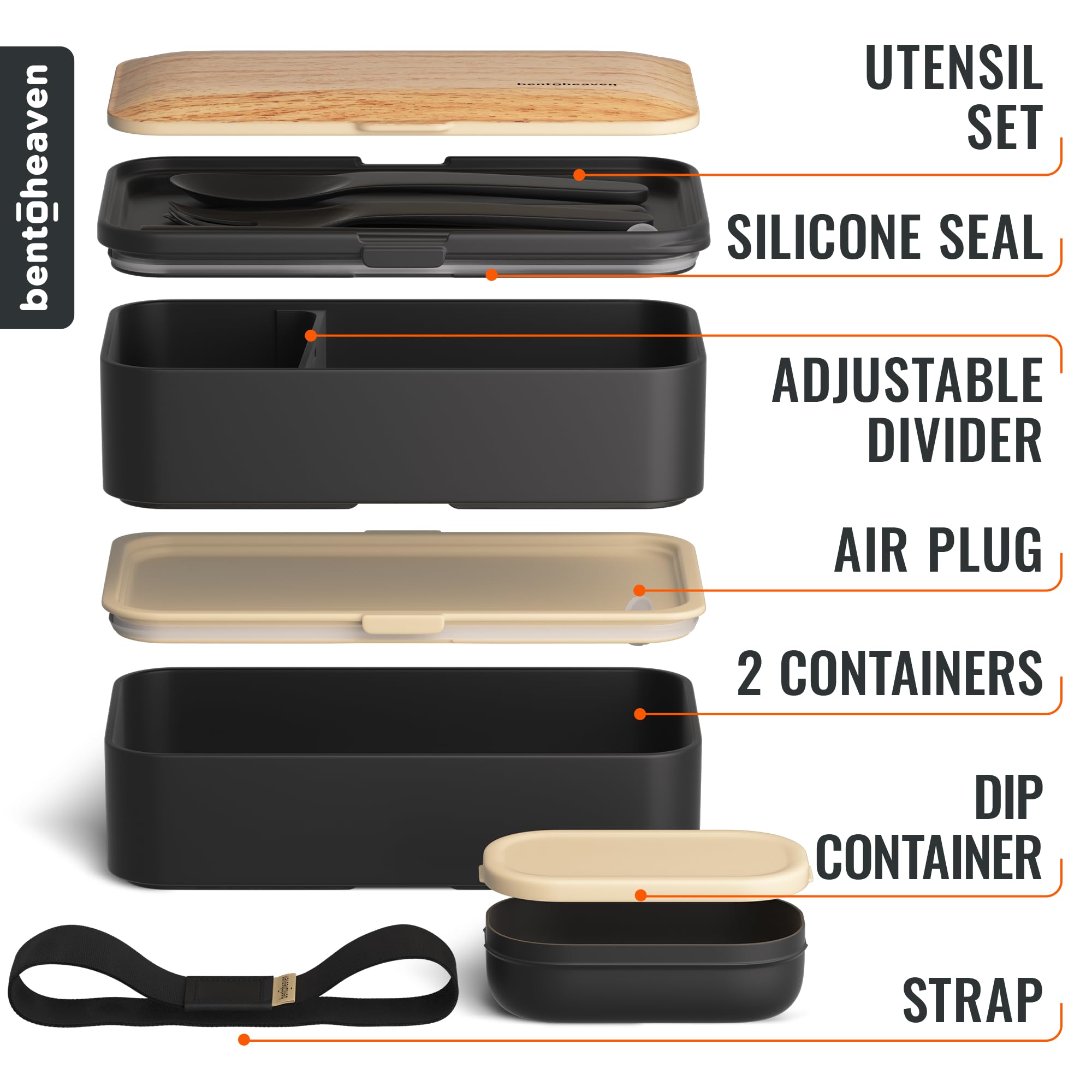 Bentoheaven Premium Bento Box Adult Lunch Box with 2 Compartments (40oz), Cutlery & Set of Chopsticks, Large Dip Container, Cute Black Japanese Bento Box, Rectangle, Microwavable (Symph-Onyx)