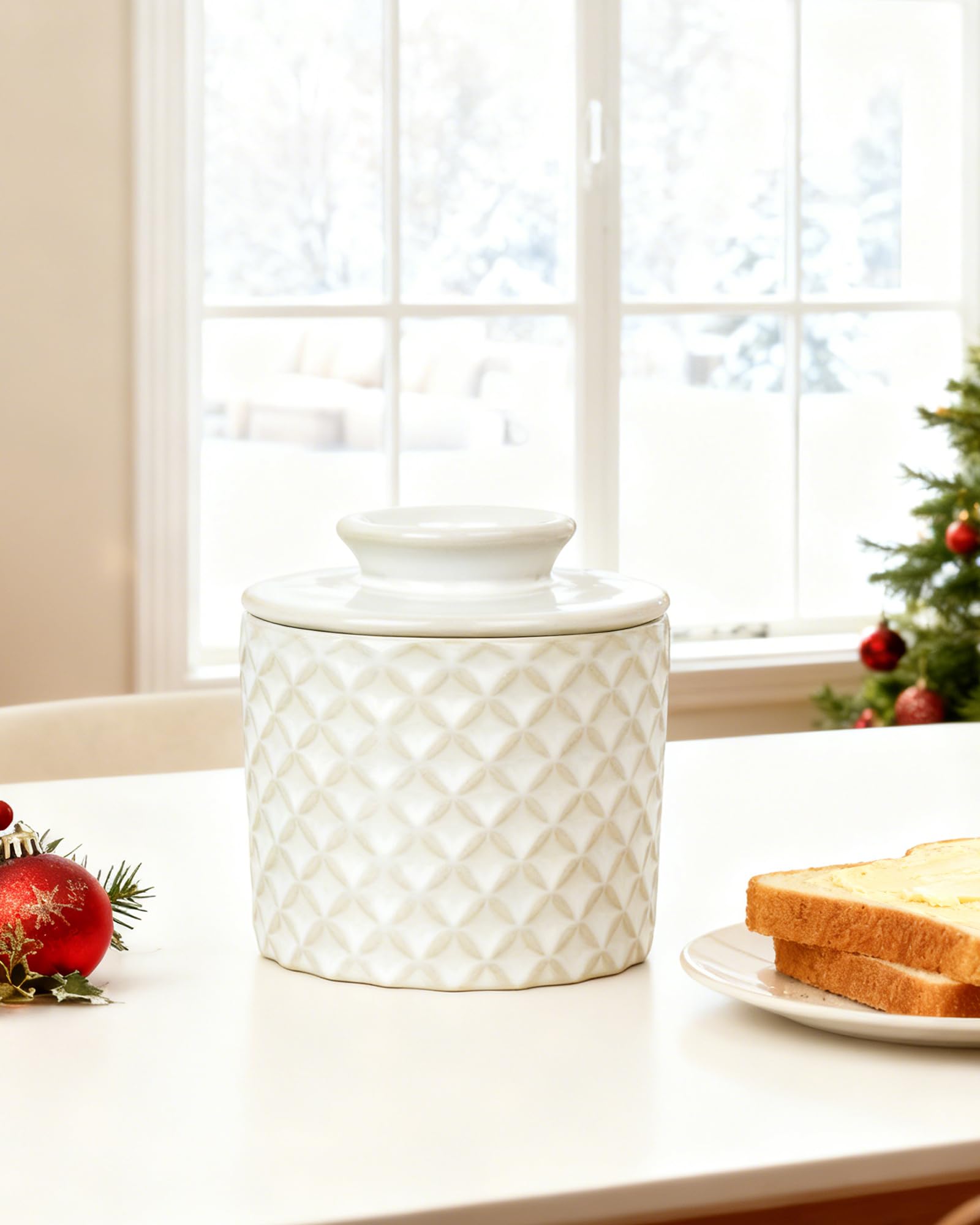 French Butter Crock, Ceramic Butter Dish with Lid, Water-Sealed Butter Keeper Keeps Butter Soft & Spreadable, Kiln Weave White, Housewarming Gift, 8 oz (250g)