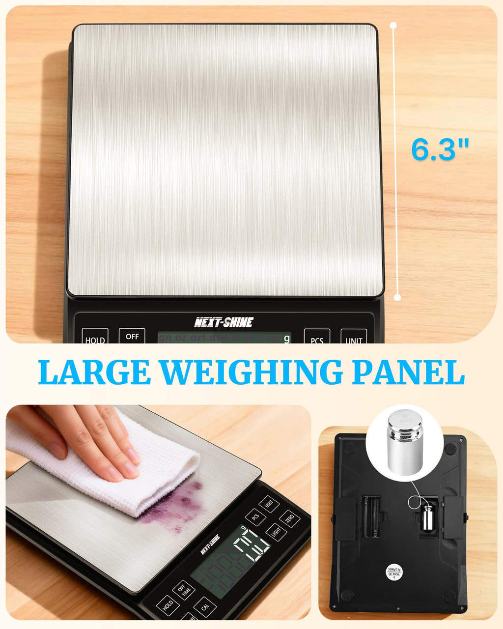 NEXT-SHINE Food Kitchen Scale 11lb/5kg, 0.1g High Precision & Type-C Rechargeable Digital Scale, Large Stainless Steel Platform with Backlit LCD for Baking, Cooking, Meal Prep (9 Units, Tray Included)