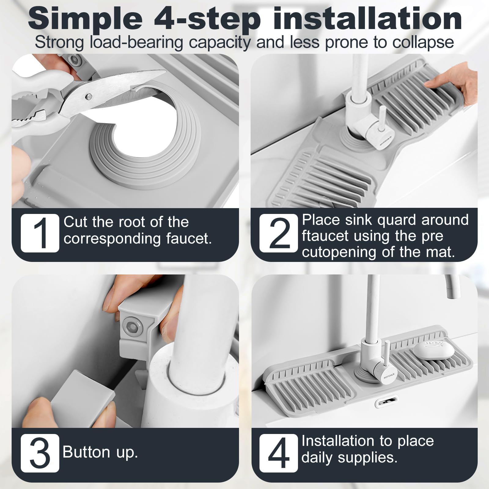 Accock 24 inch Kitchen Sink Splash Guard, Silicone Draining Mat for Sink, Longer Silicone Faucet Drainer Pad, Sink Protectors for Kitchen Sink Mat, Sponge Holder for Kitchen. (Grey, XXL(24 * 5.5))