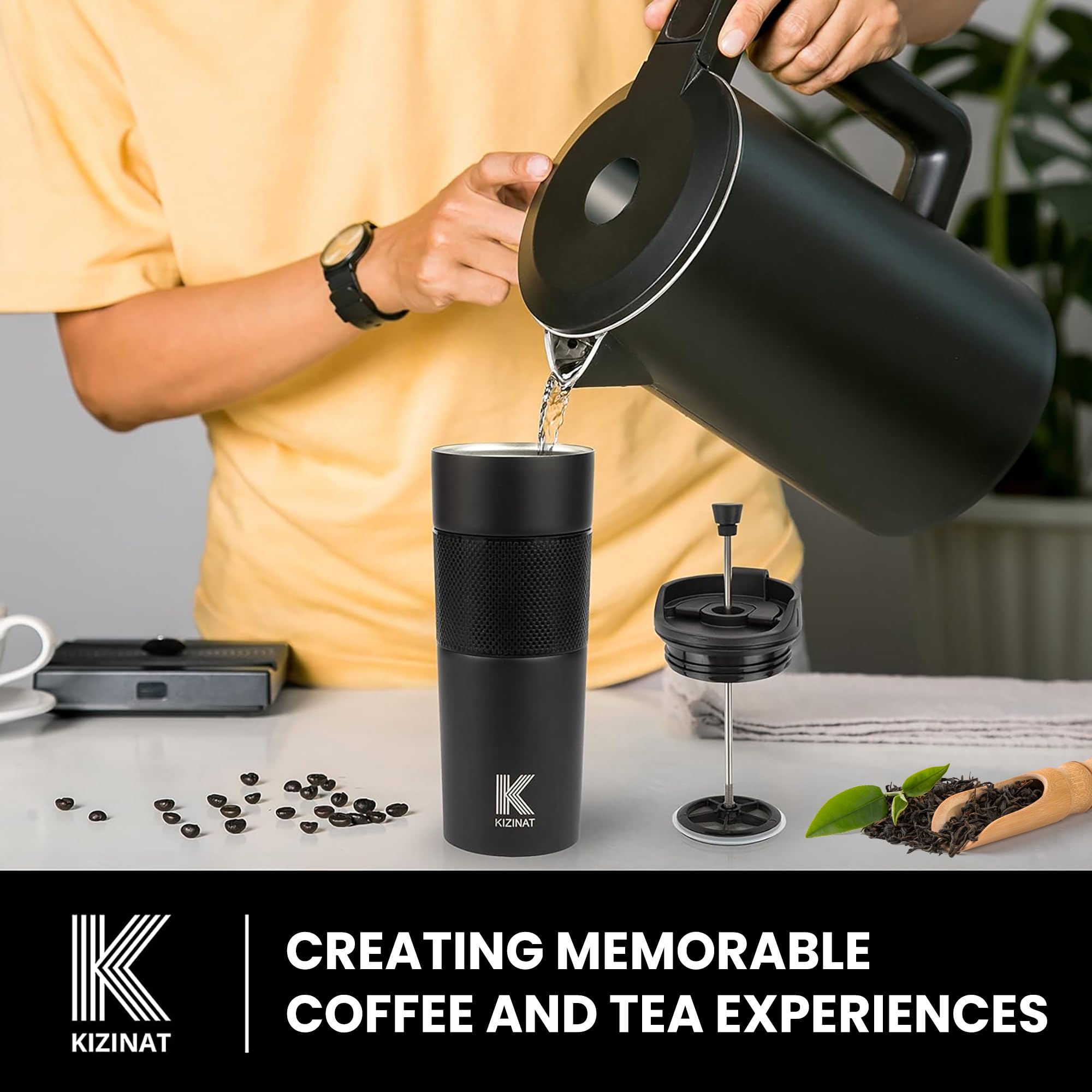 French Press Coffee Travel Mug - Portable Coffee Maker - French Press - Perfect for Tea and Coffee - Hot and Cold Coffee Press Brewer Thermoses Cup - Black - 450ml 15oz Stainless Steel