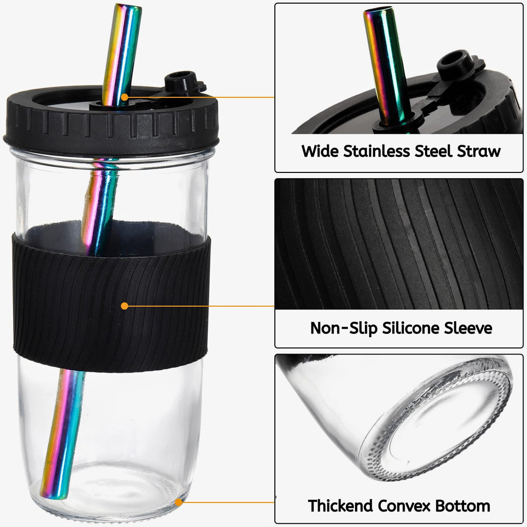 YOUEON 4 Pack 24 Oz Reusable Boba Cups with Lids and Straw, Iced Coffee Cups Glass Smoothie Cups, Mason Jar Cups with Sleeve, BPA Free, Dishwasher Safe, 2 Colors
