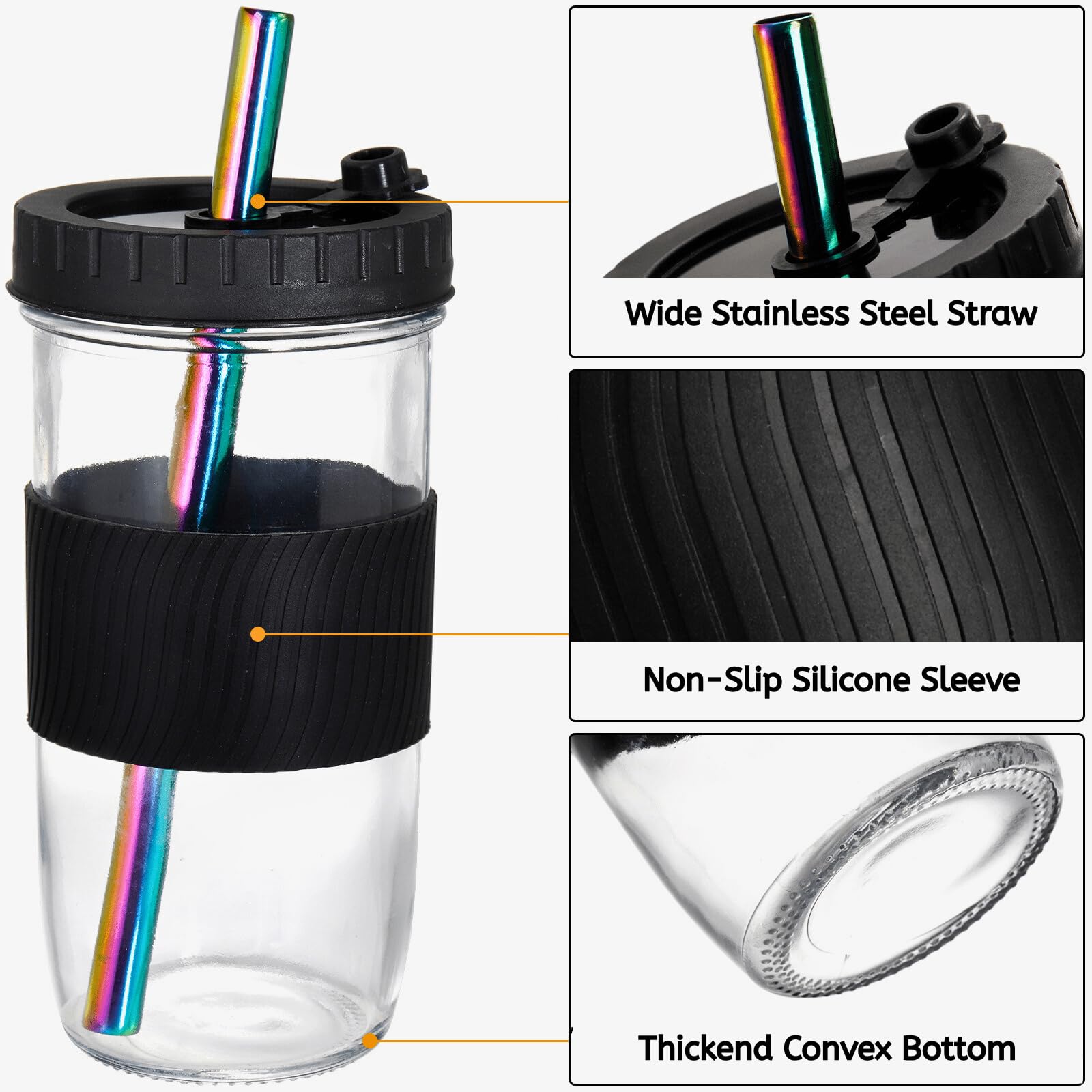 YOUEON 4 Pack 24 Oz Reusable Boba Cups with Lids and Straw, Iced Coffee Cups Glass Smoothie Cups, Mason Jar Cups with Sleeve, BPA Free, Dishwasher Safe, 2 Colors