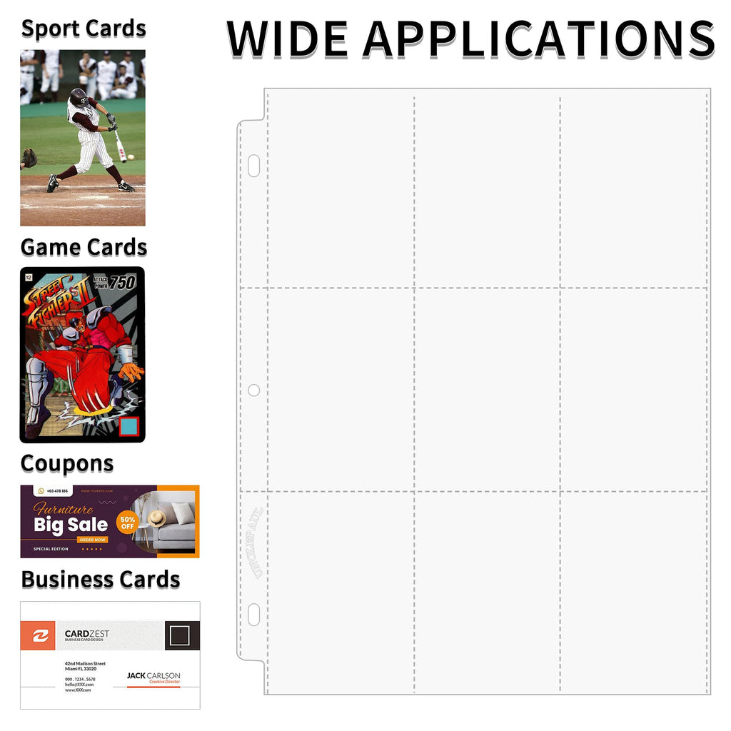 Trading Card Sleeve Pages 9 Pocket Pages Protectors 3 Holes for Trading Cards/Sport Cards/Game Cards Fit 3 Ring Binder OS02 (Transparent, 100 Sheets)