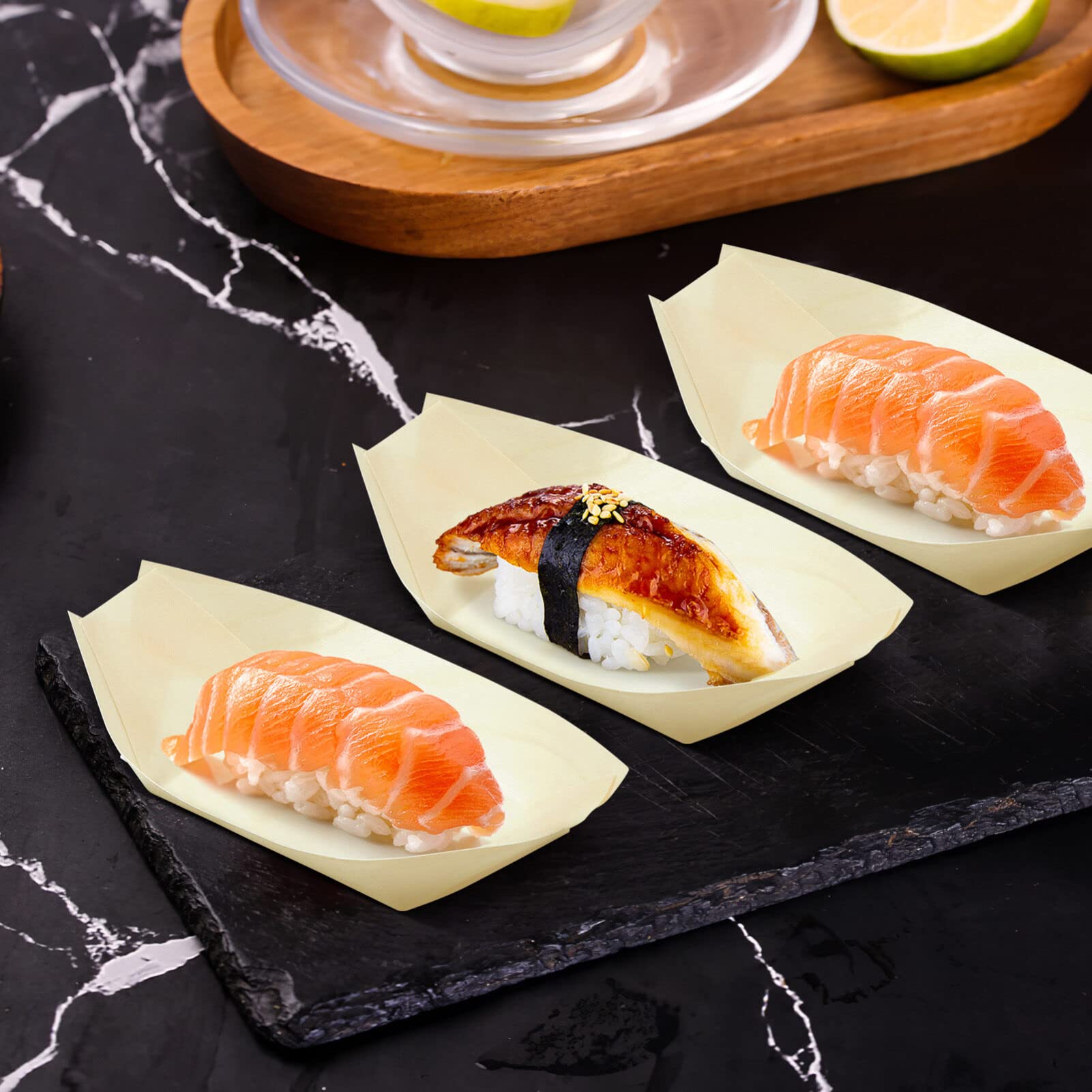 Cabilock 100pcs Disposable Wood Boat Plates, 5inch Sushi Boat Serving Tray Plate Japanese Style Snack Tray for Home Restaurant