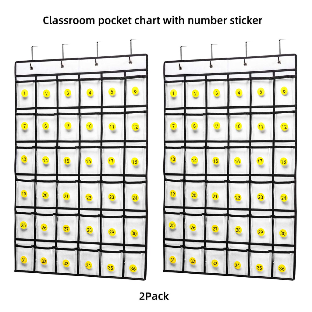 SAVERHO Classroom Pocket Chart，36 clear Hanging Pocket Organizer for Cell Phone and Calculator Holder，Door Hanging Organizer for Classroom with 36 Number Sticker(White-2pack)