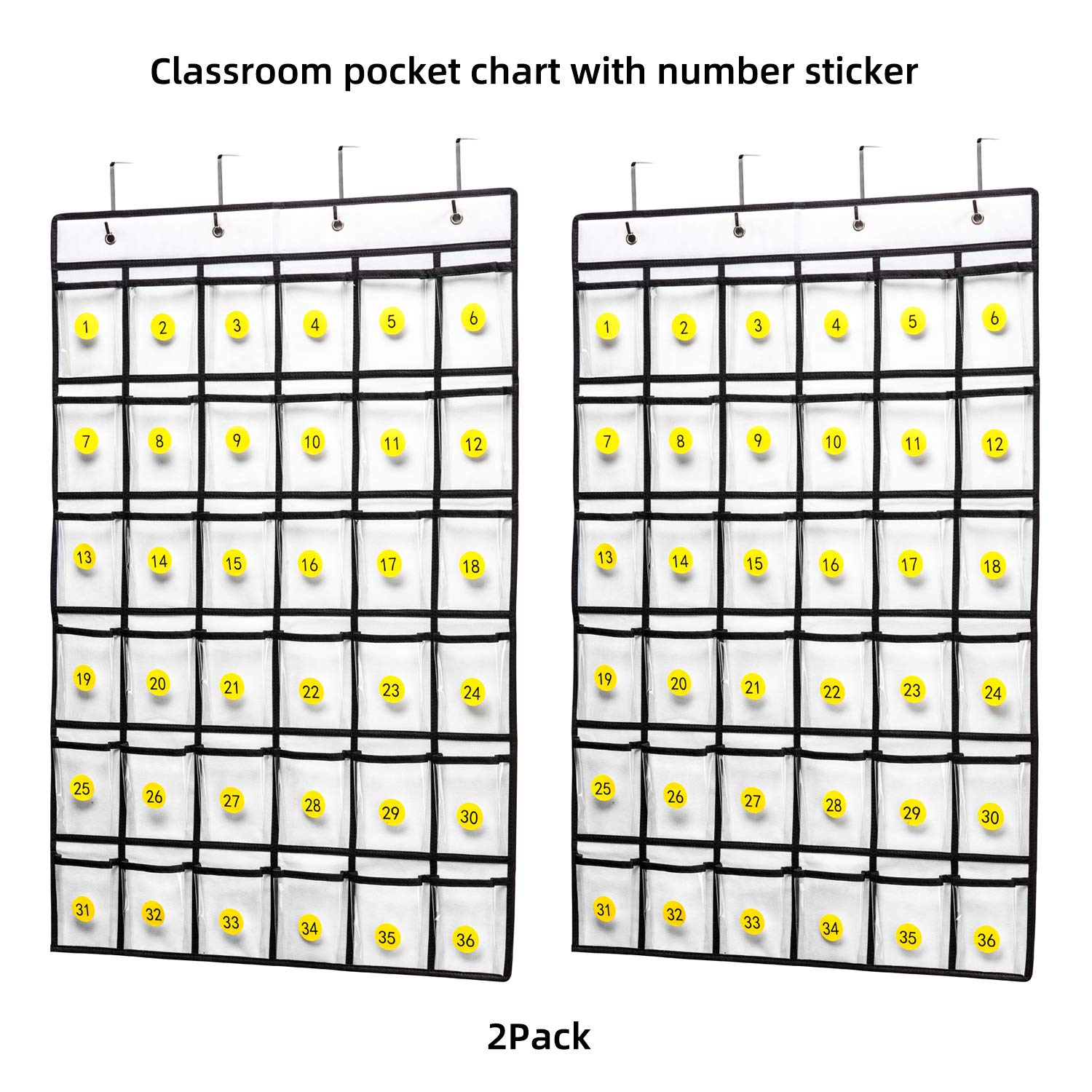 SAVERHO Classroom Pocket Chart，36 clear Hanging Pocket Organizer for Cell Phone and Calculator Holder，Door Hanging Organizer for Classroom with 36 Number Sticker(White-2pack)