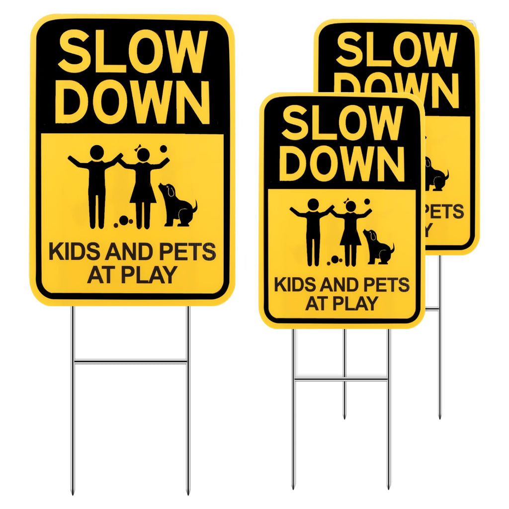 Eyoloty Slow Down Sign With Metal Stake,12"*16" Kids & Pets at Play Sign for Street Neighborhoods,Double Sided Corrugated Plastic Yard Sign,Child Safety Caution Signs,Waterproof,Non-Fading (3 Pack)