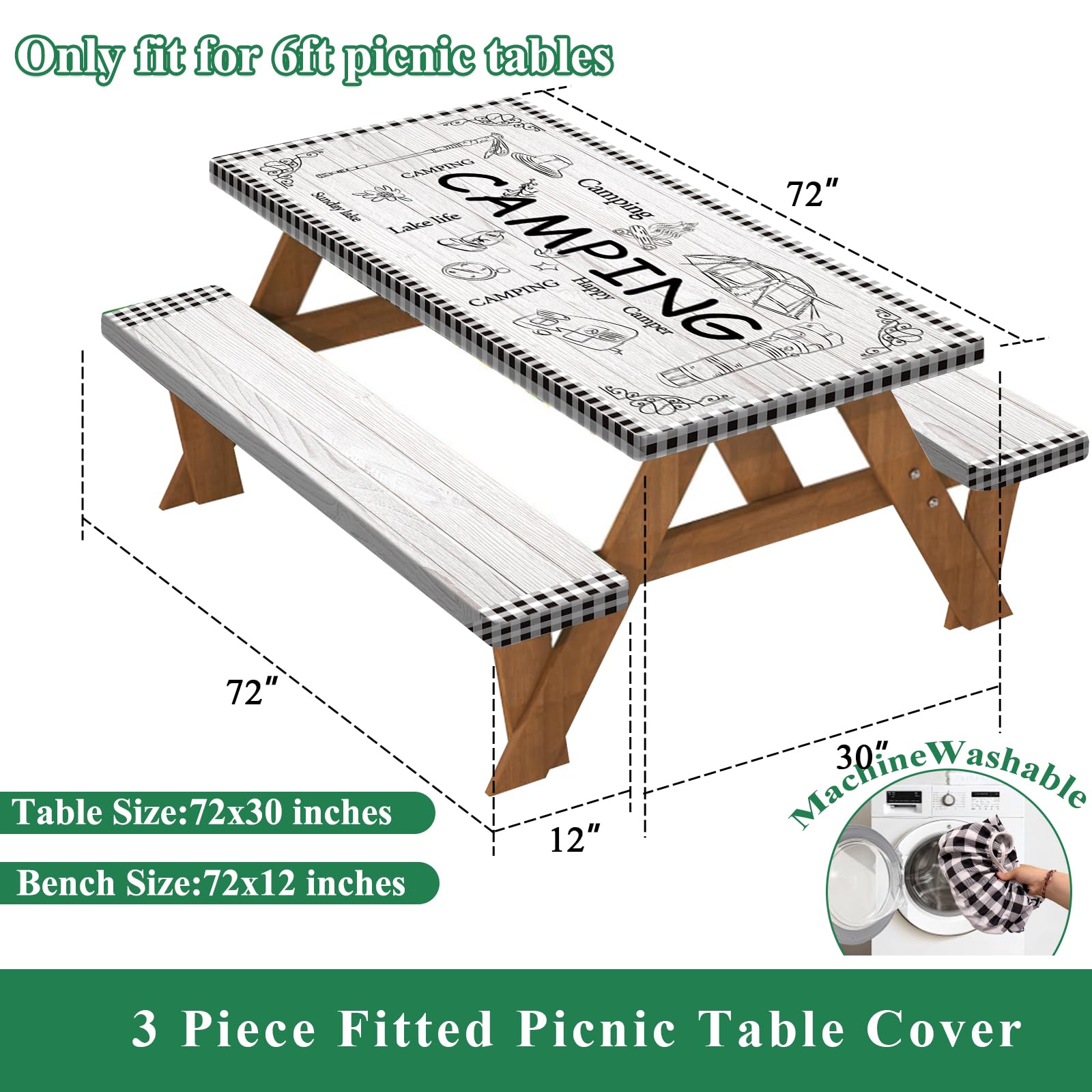 Caknowow Picnic Table Cover Fitted with Bench Covers Camping Tablecloth Waterproof Picnic Table Covers with Elastic Reusable Fabric Camping Table Cover for 6 Foot Picnic Tables