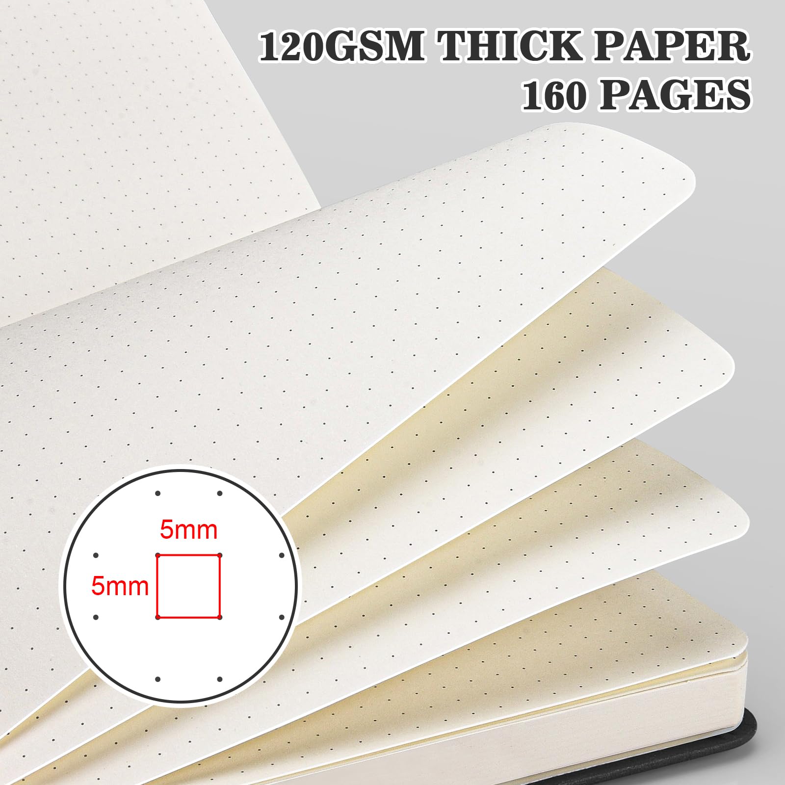 Bullet Dotted Journal Notebook 4 Pack: 160 Pages Per Pack, A5 Medium Size(5.75" × 8.38"), 120 GSM Thick Paper, Leather Dotted Notebook, Hardcover Dot Grid Notebook, Dot Journal for Wrting (Black)