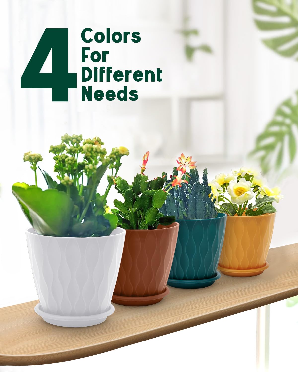 Goproauto 6 Inch Indoor Planter Pots with Drainage Hole and Tray Saucer,Flower Pots for Indoor Outdoor Garden Plants and Flowers, Multicolor, 4 Packs