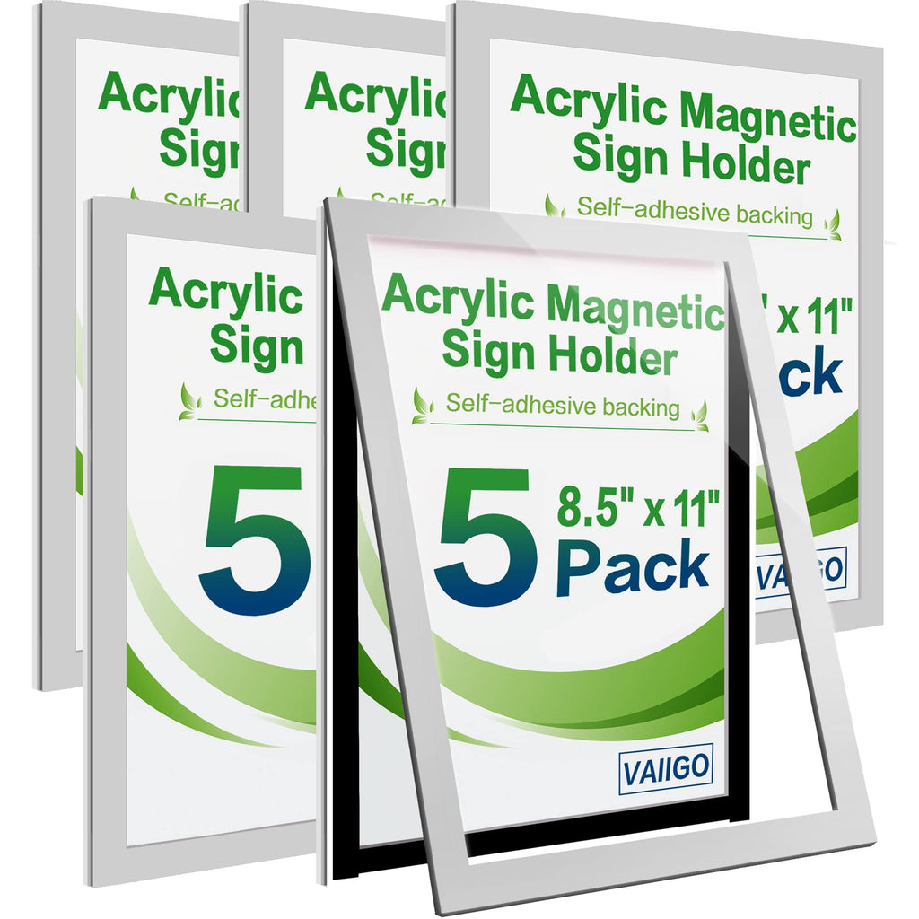 VAIIGO Acrylic Sign Holder 8.5" x 11" Wall Mount, Self Adhesive Magnetic Display Frame with Nano Tape, Plastic Clear Document Frame for Office, Store, School, Home, Wall Picture Frame (Silver, 5Pack)