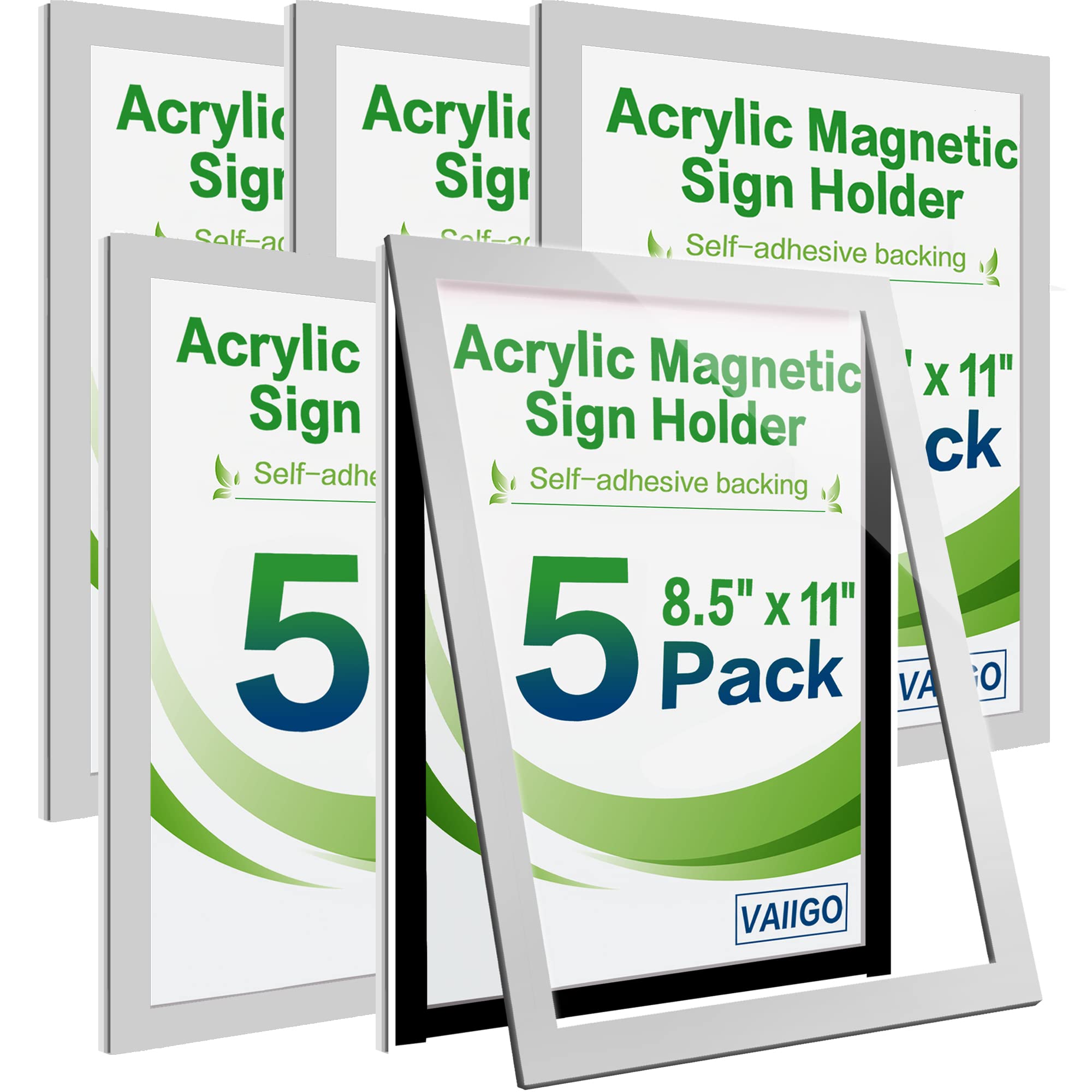 VAIIGO Acrylic Sign Holder 8.5" x 11" Wall Mount, Self Adhesive Magnetic Display Frame with Nano Tape, Plastic Clear Document Frame for Office, Store, School, Home, Wall Picture Frame (Silver, 5Pack)