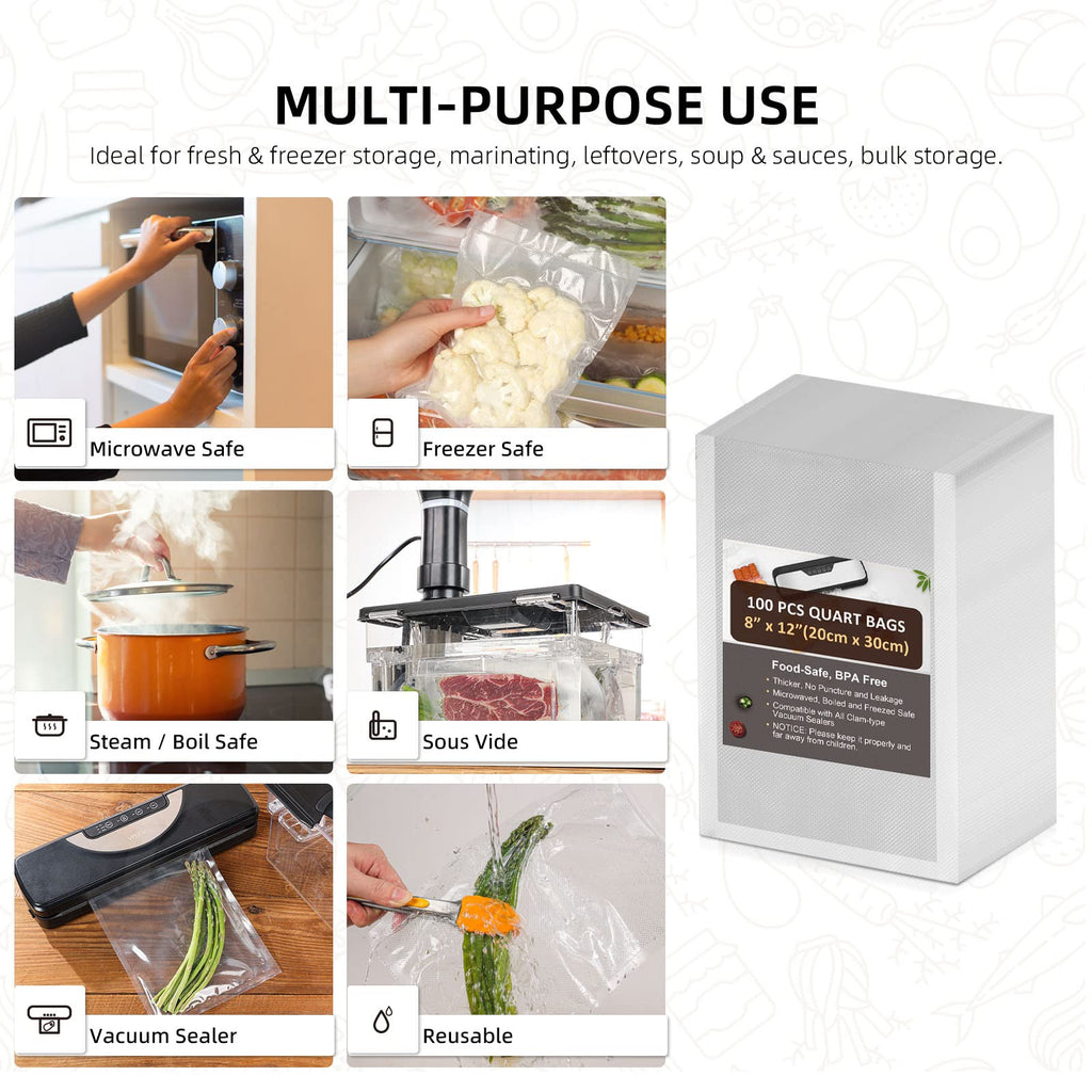 Vacuum Sealer Bags 100 Quart 8" x 12" Food Saver Vacuum Sealer Bags Sous Vide Bags Vacuum Seal BPA Free, Commercial Grade Food Vacuum Sealer Bag Perfect for Vac Storage/Meal Prep/Sous Vide