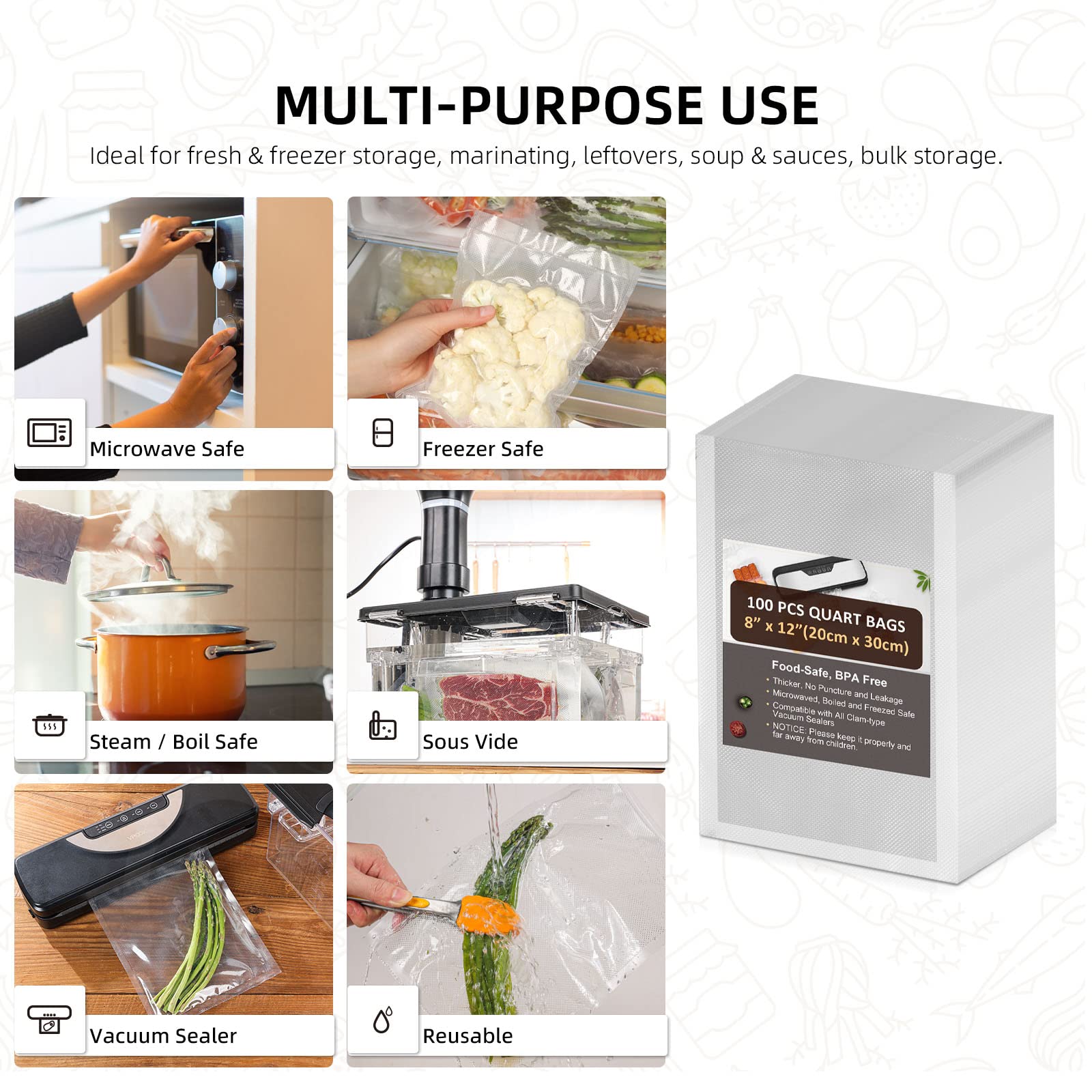 Vacuum Sealer Bags 100 Quart 8" x 12" Food Saver Vacuum Sealer Bags Sous Vide Bags Vacuum Seal BPA Free, Commercial Grade Food Vacuum Sealer Bag Perfect for Vac Storage/Meal Prep/Sous Vide