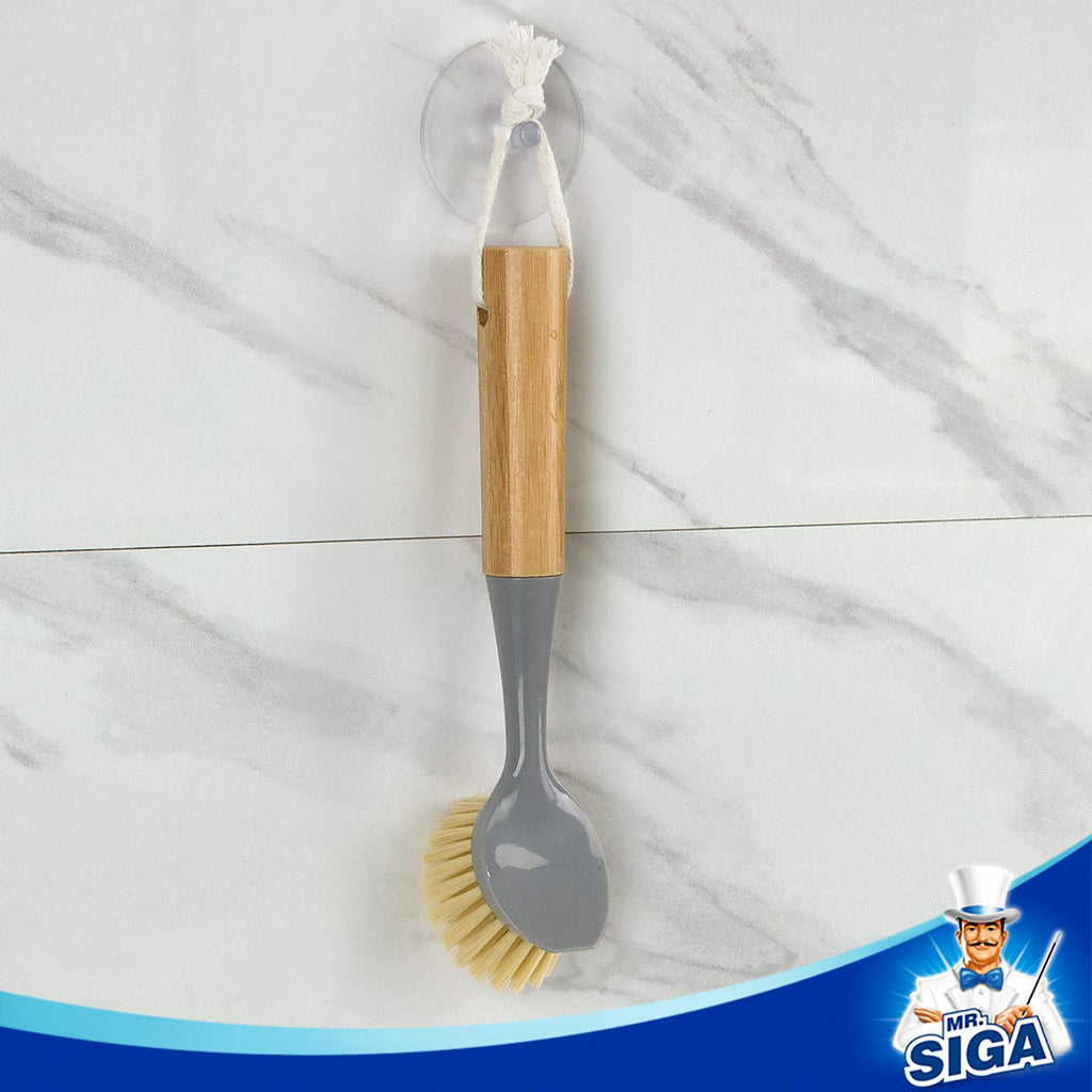 MR.SIGA Dish Brush with Bamboo Handle Built-in Scraper, Scrubbing Brush for Pans, Pots, Kitchen Sink Cleaning, Pack of 2