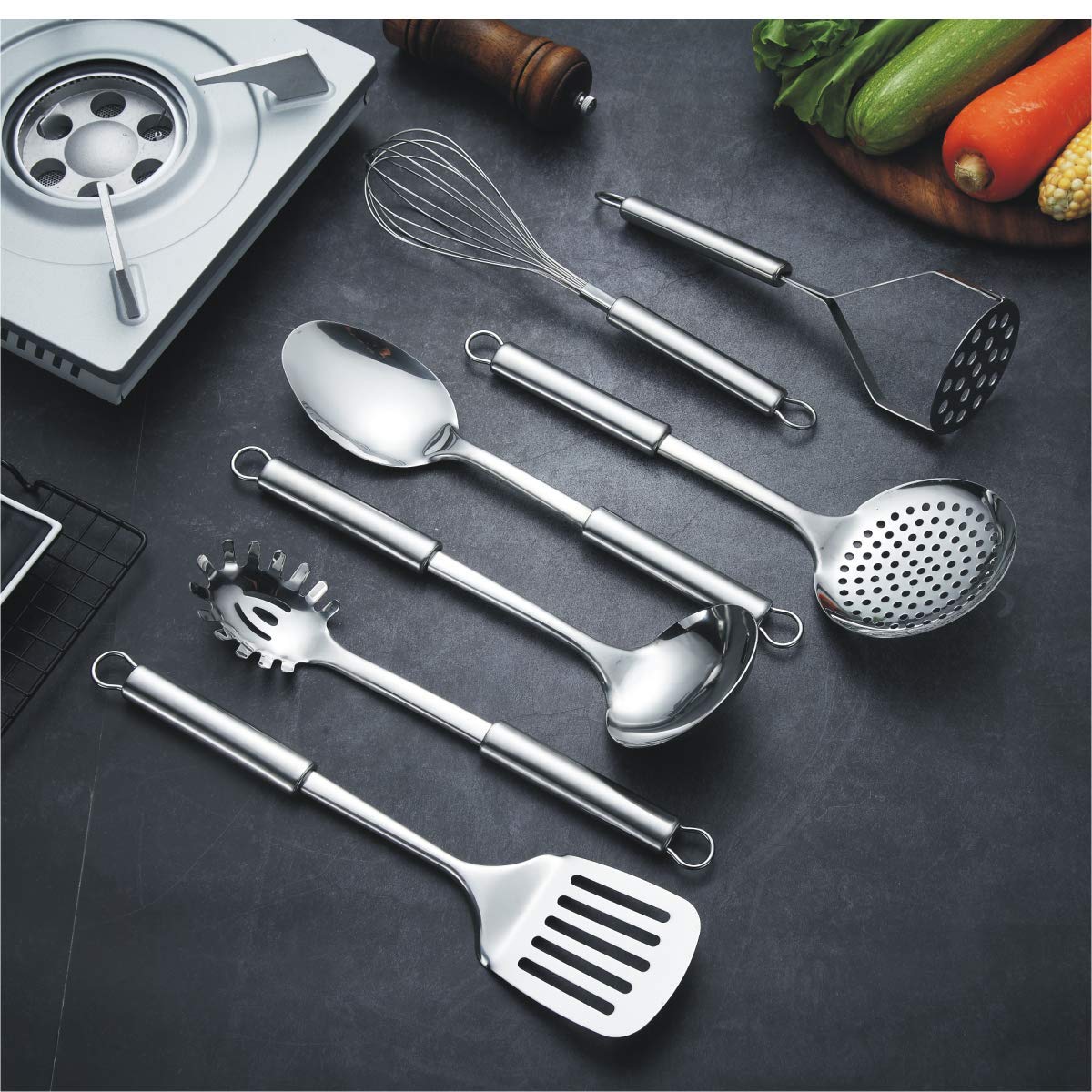 Berglander Stainless Steel Kitchen Utensil 7 Piece with 1 Stand, Slotted Tuner, Ladle, Skimmer, Serving Spoon, Pasta Server,Potato Maseher, Egg Whisk. Kitchen Tool Set. Kitchenware with Holder.