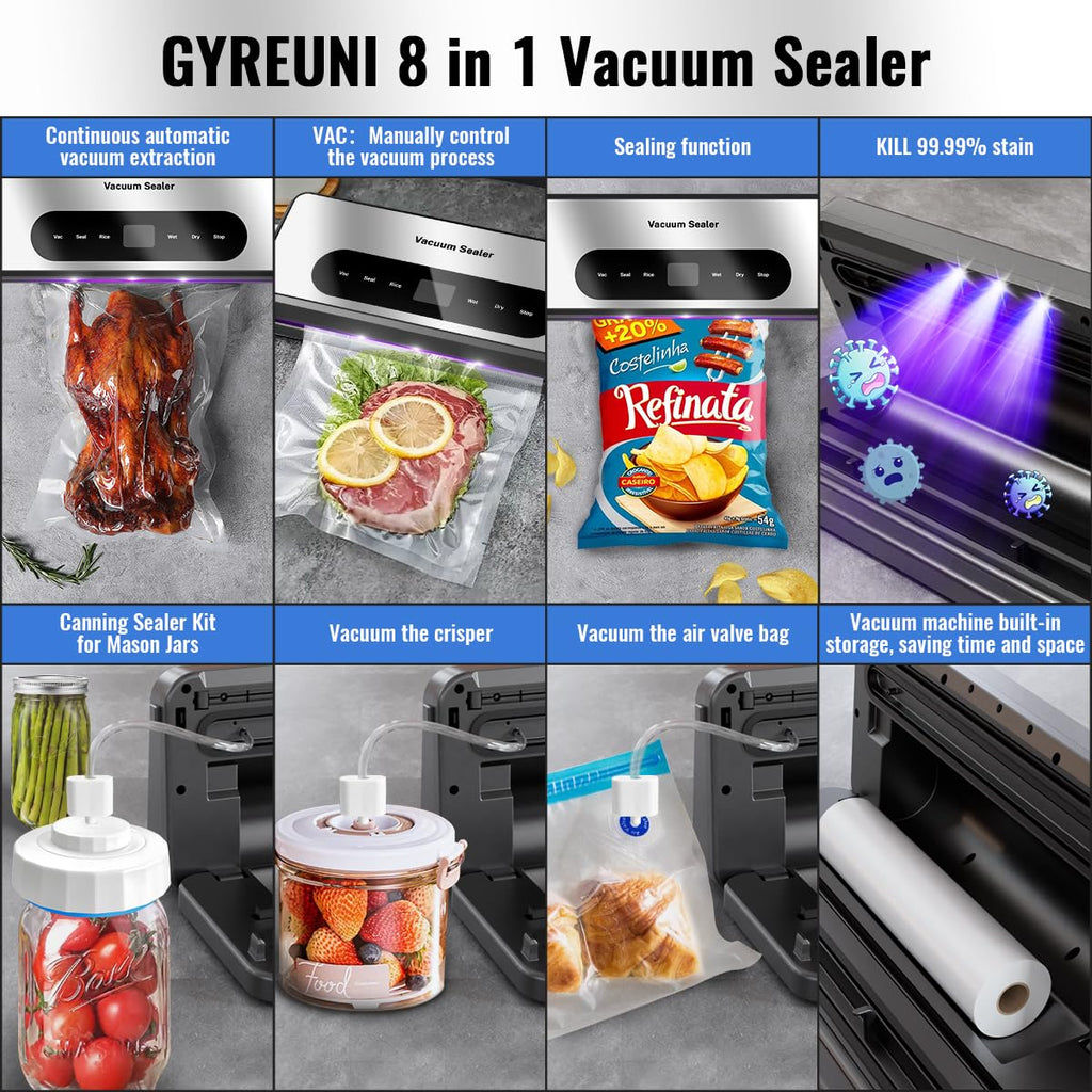 Gyreuni 8 in 1 Food Vacuum Sealer with Bags Kit,Multi-function Vacuum Sealer for Food Built-in UV Cutter/Bag Storage Act on Dry Wet oil Crispy,Attached Bag Rolls/10 Vacuum bags/Marker Pen