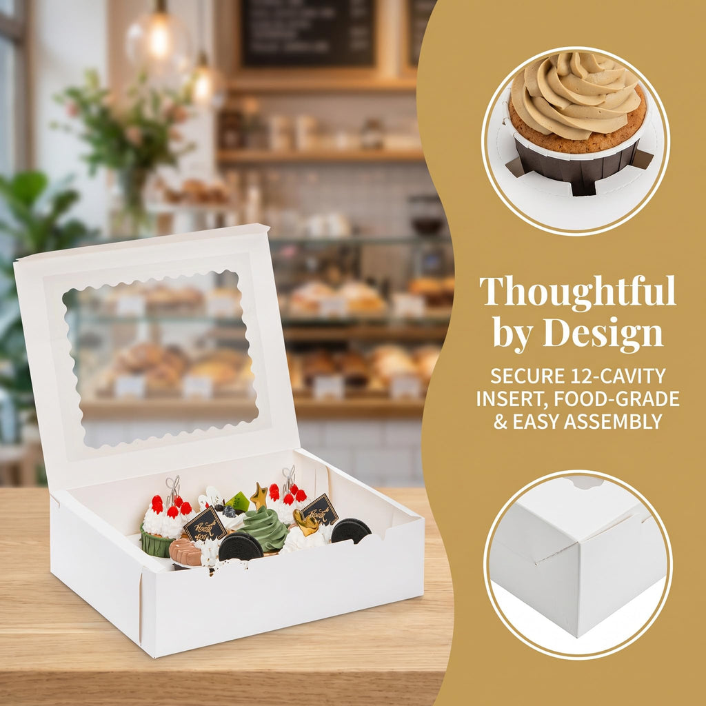 Jucoan 20 Pack Cupcake Boxes 12 Counts White Paper Cupcake Container with Inserts and Window, Bakery Container Dozen Cupcake Carrier Boxes for Muffins, Cookies, Pastry