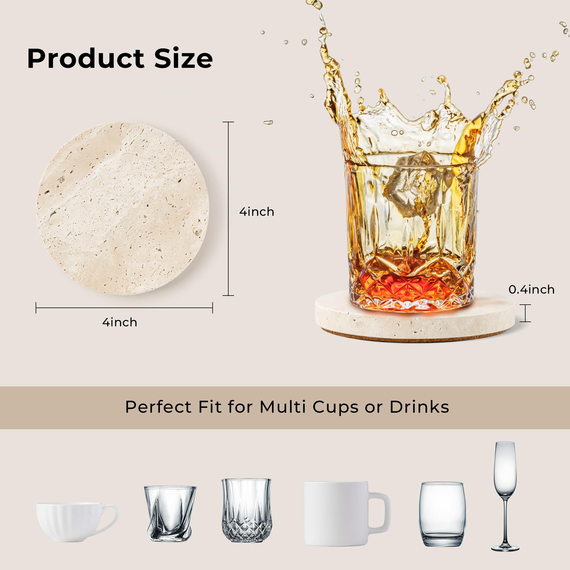 WORHE Marble Coaster for Drinks 4" Diameter Set of 4 Round Travertine Coasters for Home Decor Office Parties Birthday Housewarming Gift, Protect Countertops from Dirty,Sturdy and Tough Beige (BD140)