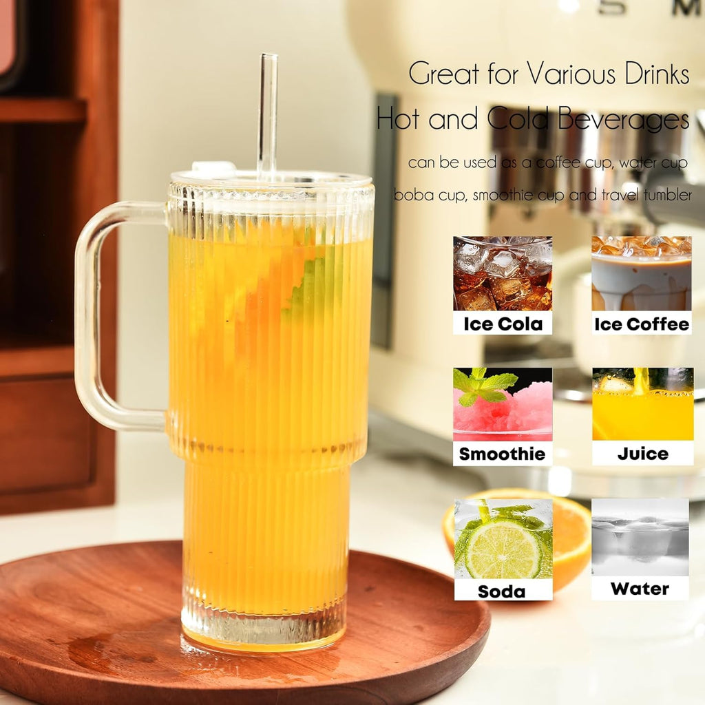 ALINK 2 Pack 26 oz Ribbed Glass Tumbler with Handle Lid and Straw,Glassware Set Ripple Large Iced Coffee Cups, Aesthetic Glass Travel Tumbler for Hot & Cold Beverages, Smoothies, Tea and Juice