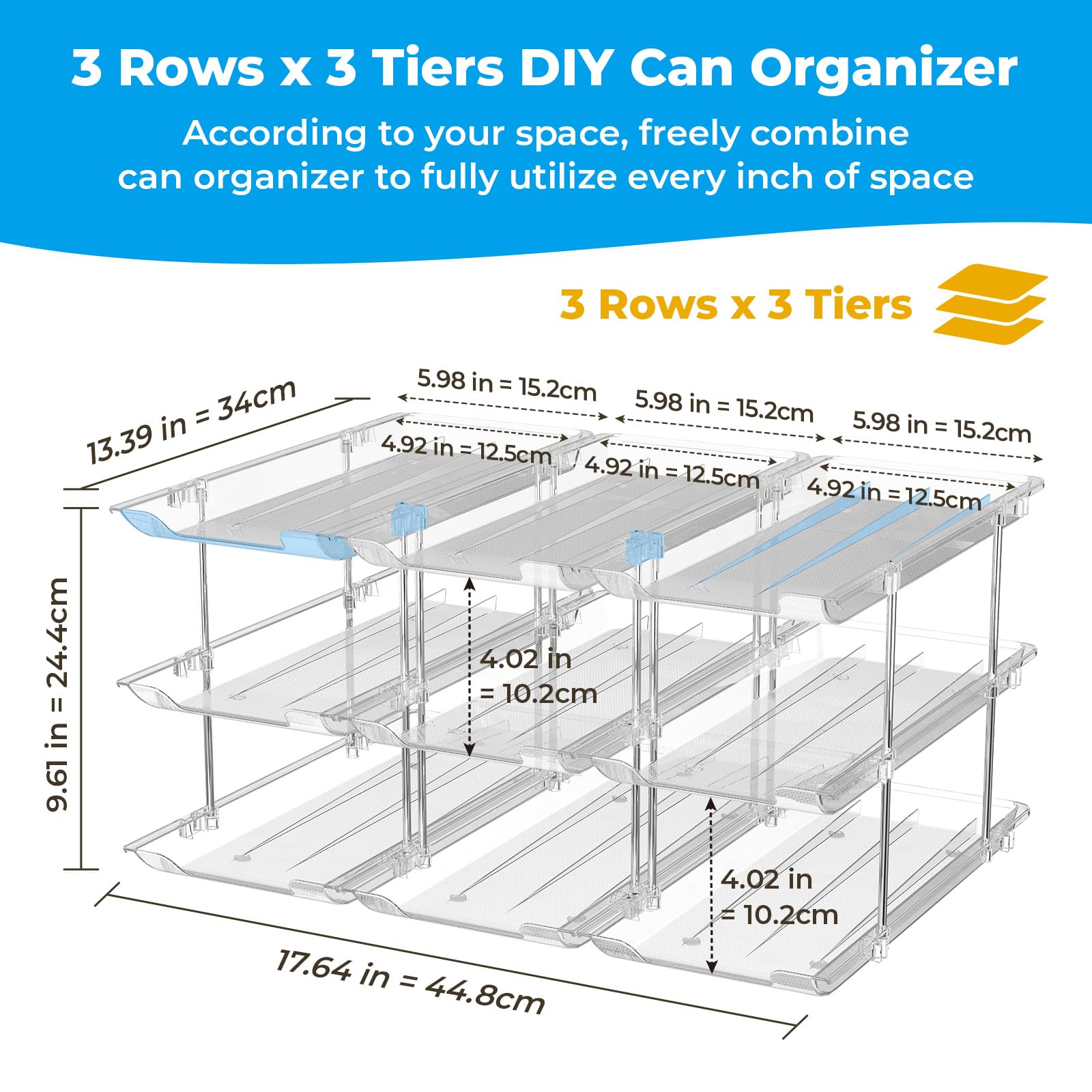 BingoHive Can Organizer for Pantry Stackable 3 Tiers Can Storage Organizer Pantry Soda Can Organizer for Fridge 36 Cans Rack Automatic Rolling Canned Food Organizer for Refrigerator Kitchen Clear