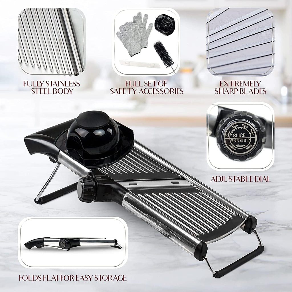 Rotatable Thickness Dial Mandoline Slicer for Kitchen - Anti-Slip Base Vegetable Slicer with Finger Guard & Cut-Resistant Glove – Stainless Steel Body Vegetable Cutter (Premium)