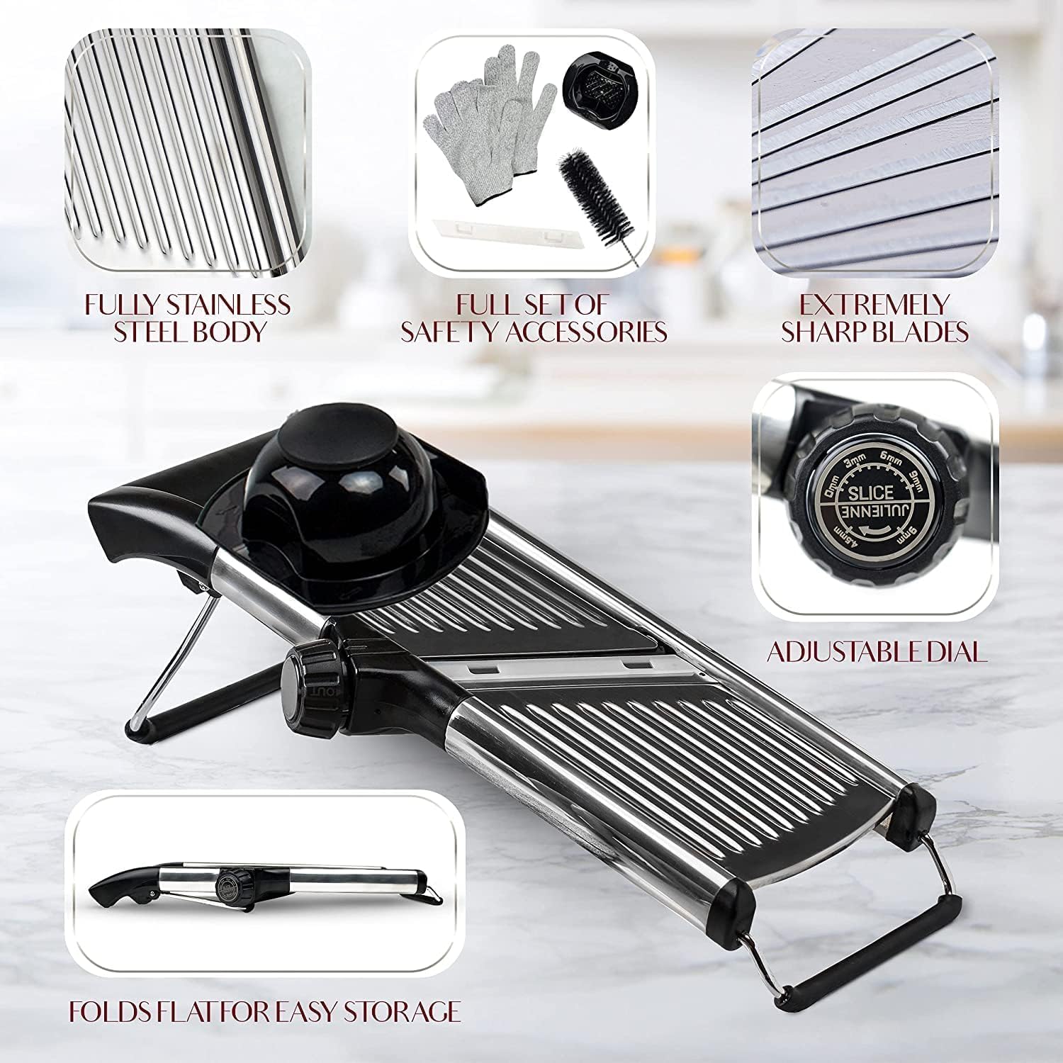 Rotatable Thickness Dial Mandoline Slicer for Kitchen - Anti-Slip Base Vegetable Slicer with Finger Guard & Cut-Resistant Glove – Stainless Steel Body Vegetable Cutter (Premium)