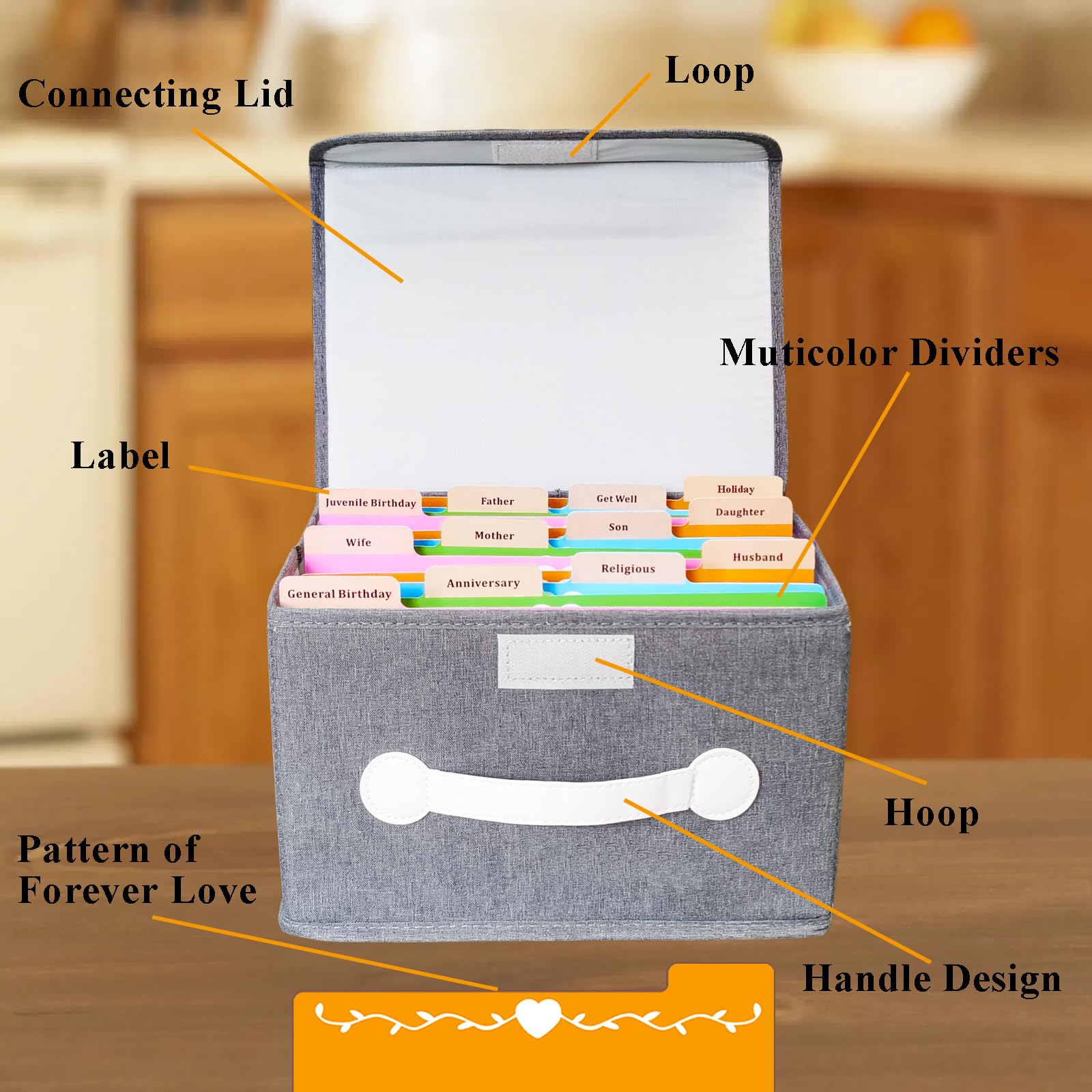 DOFFICE Greeting Cards Assortment Box, Greeting Card Organizer Box with 16 Pieces Colorful Dividers, Storing 120+ Cards with 84 Pieces Self Stick Labels (Grey)