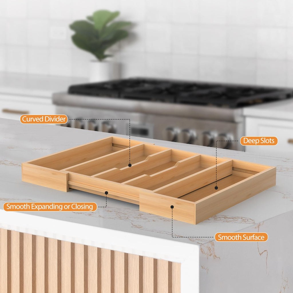 FoverOne Bamboo Expandable Kitchen Drawer Organizer, 13" to 23" Adjustable Utensils and Cutlery Tray, Wood Drawer Organizer for Silverware Flatware