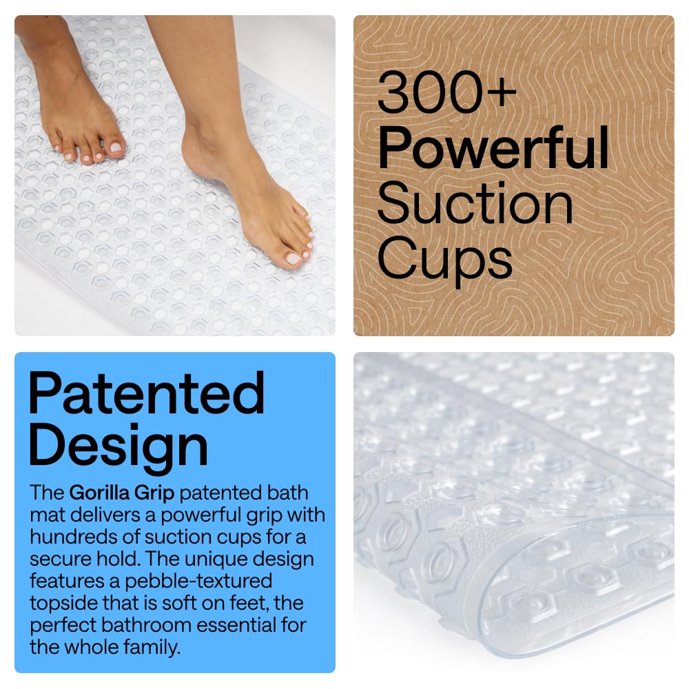 GORILLA GRIP Patented Bath Tub Shower Mat, Machine Washable Bathtub Floor Liner Mats, Suction Cups and Drain Holes to Keep Tubs Clean, Bathroom Essentials, 89x41 cm, Clear