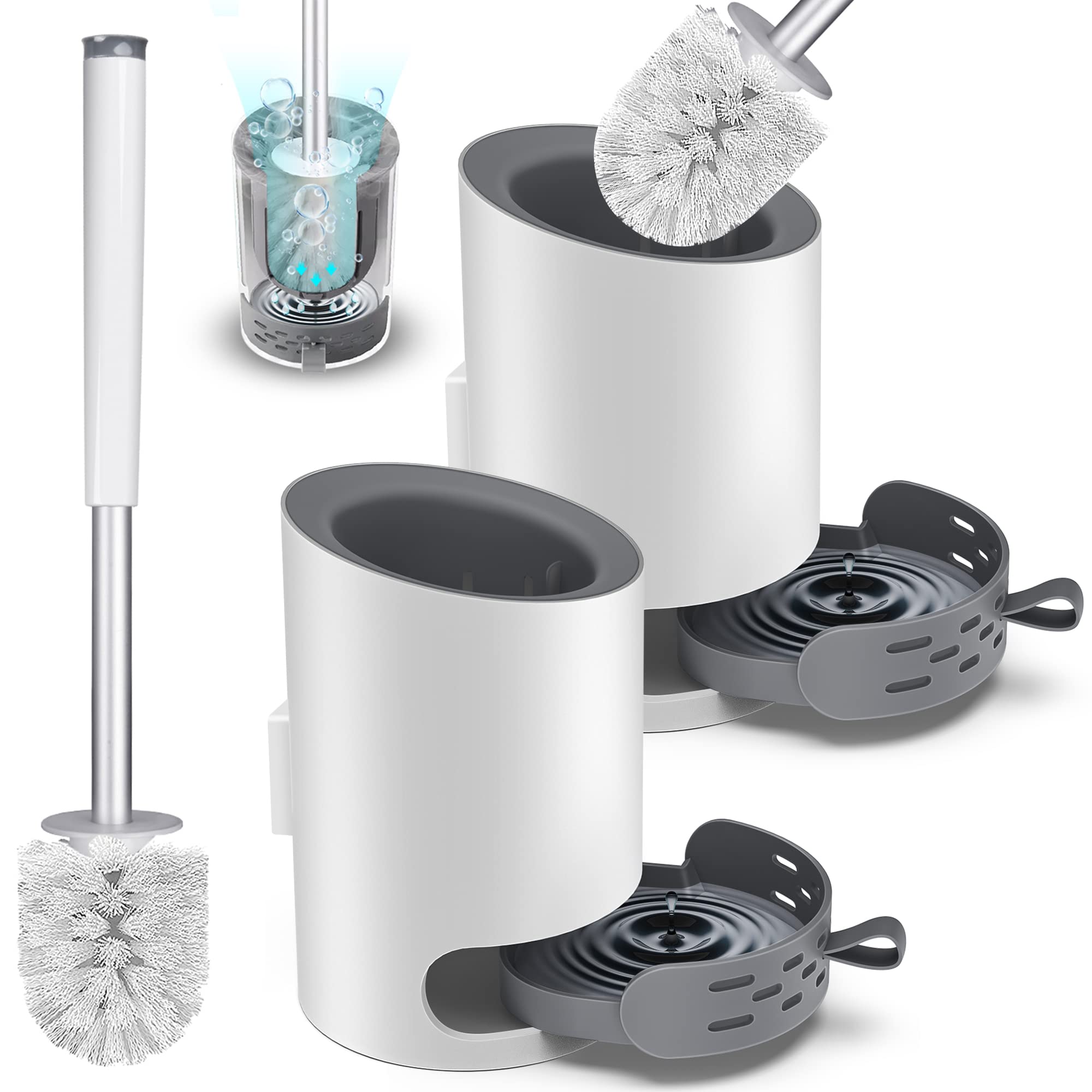 Domi-patrol Toilet Brush and Holder Set 2 Pack, White, Hard Bristle Nylon Toilet Bowl Brushes with Stainless Steel Holder