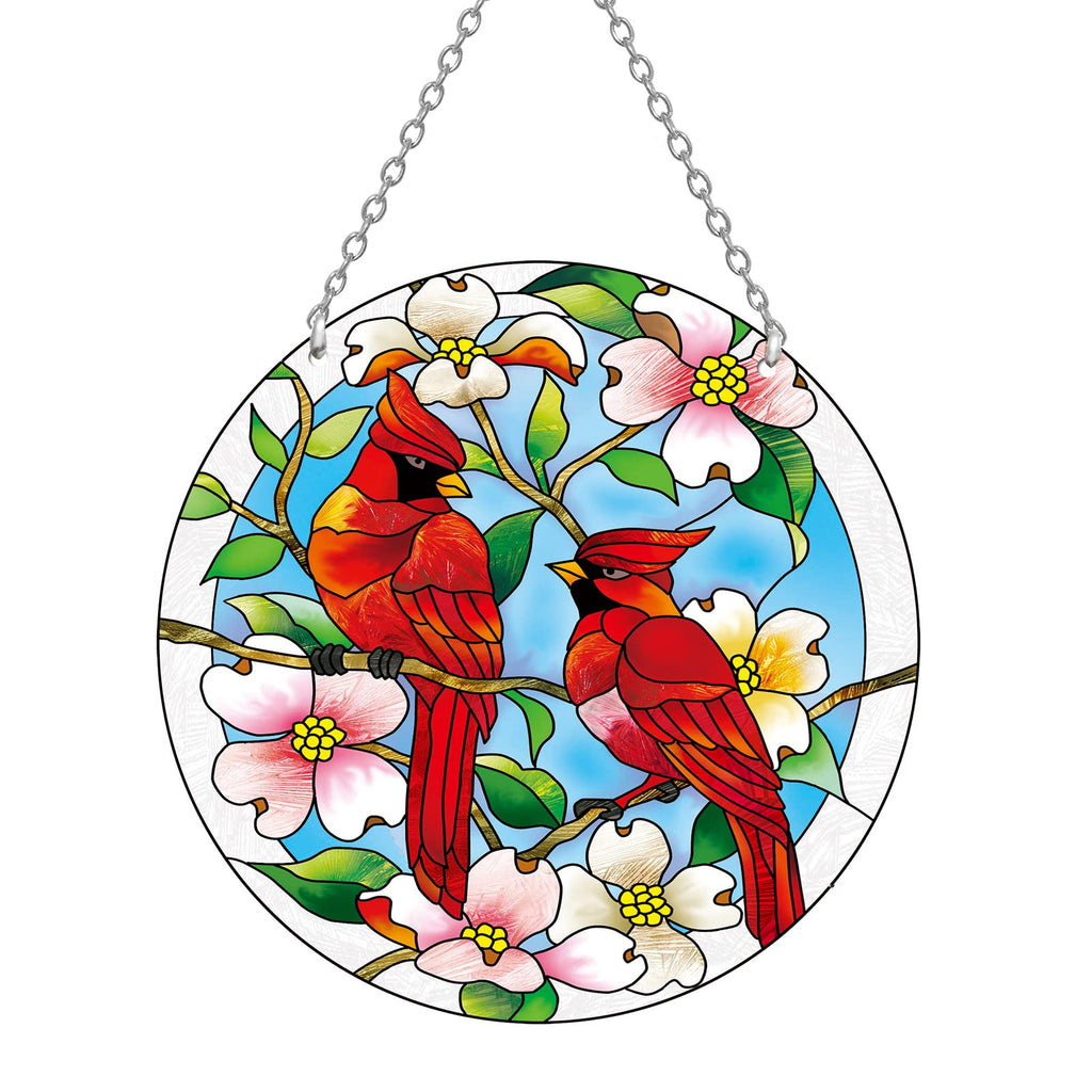 Cardinal Stained Glass Window Hanging - Cardinal Gifts for Women, Red Birds Suncatchers for Windows, American Glass Hanging Ornament, Hand Painted Glass for Birds Lover, Window