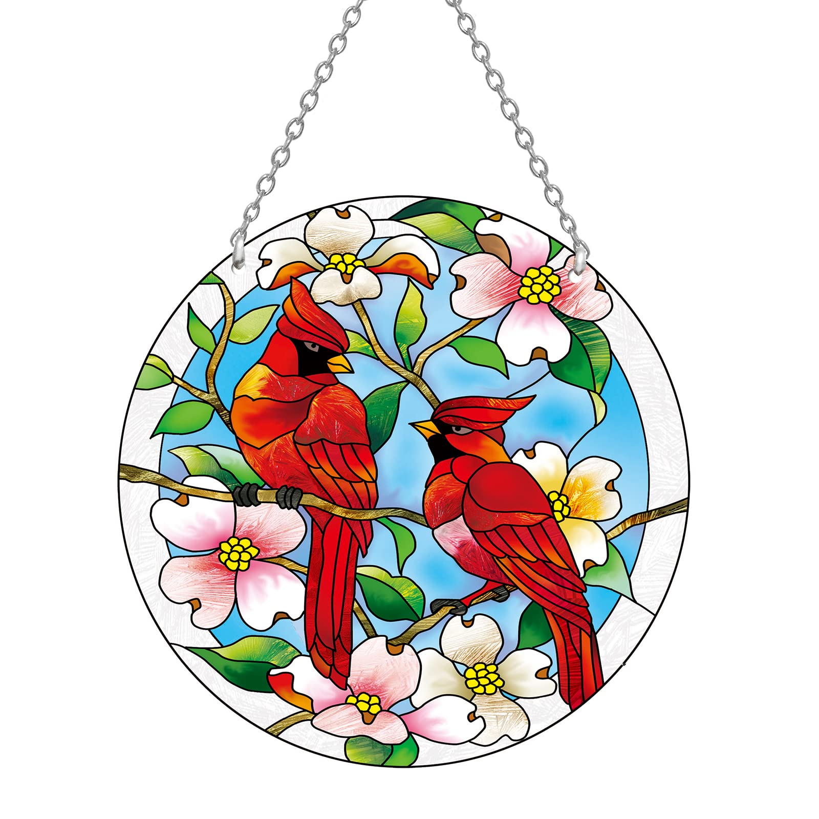 Cardinal Stained Glass Window Hanging - Cardinal Gifts for Women, Red Birds Suncatchers for Windows, American Glass Hanging Ornament, Hand Painted Glass for Birds Lover, Window