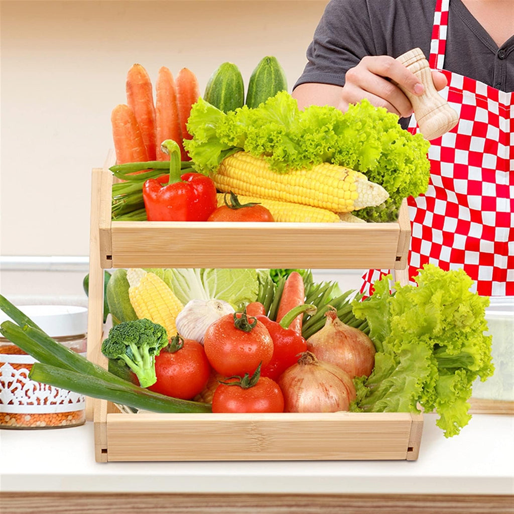Bamboo Fruit Basket, 2-Tier Storage Stand Holder for Kitchen Countertop, Large Capacity Organizer for Fruits and Vegetables, Natural