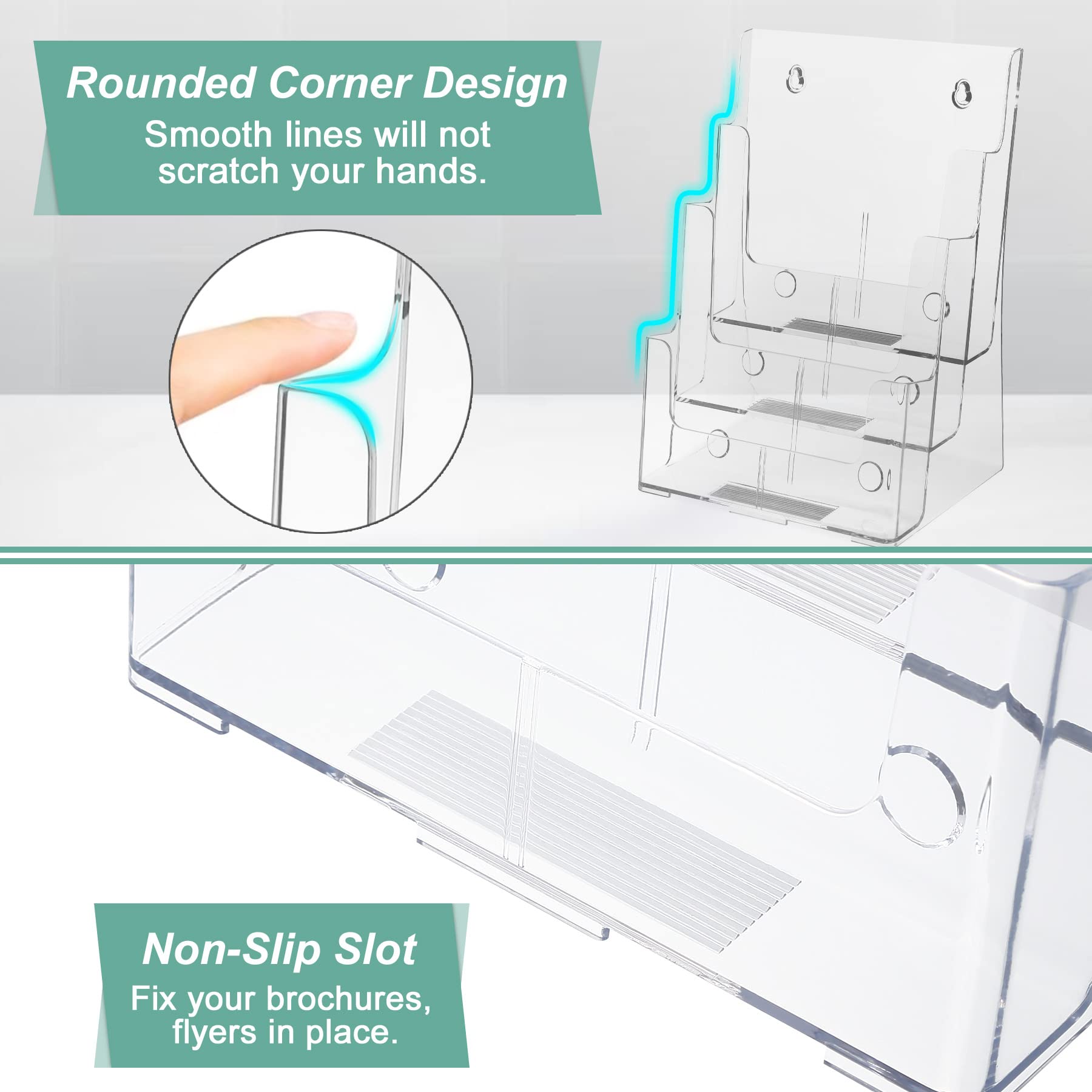 Acrylic Brochure Holder 8.5 x 11 inches, 3 Tier Clear Literature Holder with Removable Divider for Trifold 4 Inches Wide Pamphlet, Plastic Flyer Display Stand for Magazine, Document, Booklet