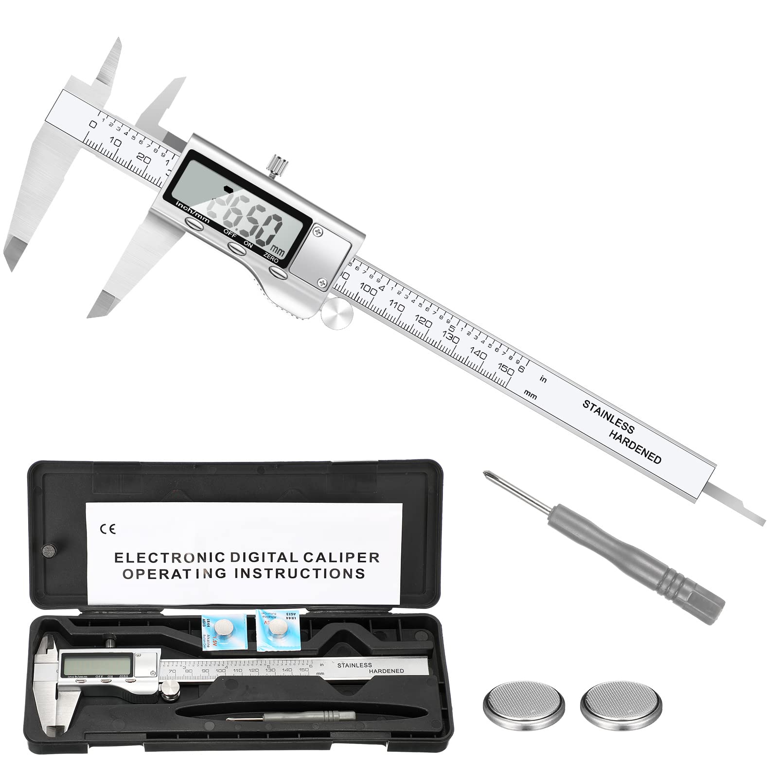 Simhevn150mm Digital Caliper, 6 Inch Stainless Steel Electronic Digital Caliper, with Extra-Large LCD Screen, Auto-Off Feature, Inch and Millimeter Conversion Metal Measuring Tool Caliper