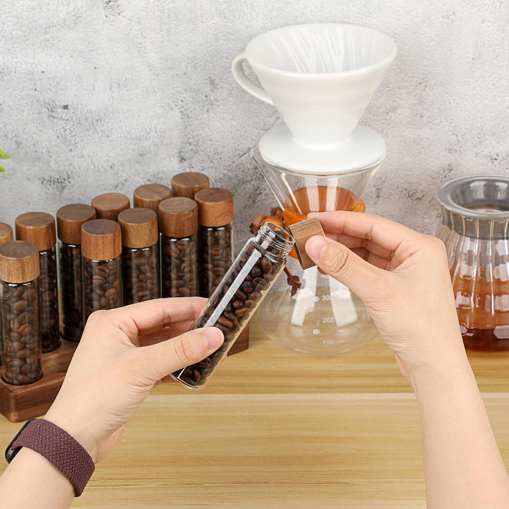 JuxYes Single Dose Coffee Bean Storage Tubes, 12pcs Coffee Bean Cellars with Lid, 2 oz Glass Espresso Bean Container with Wooden Holder Stand, Sealed Dosing Glass Vials for Tea, Candies, Spices