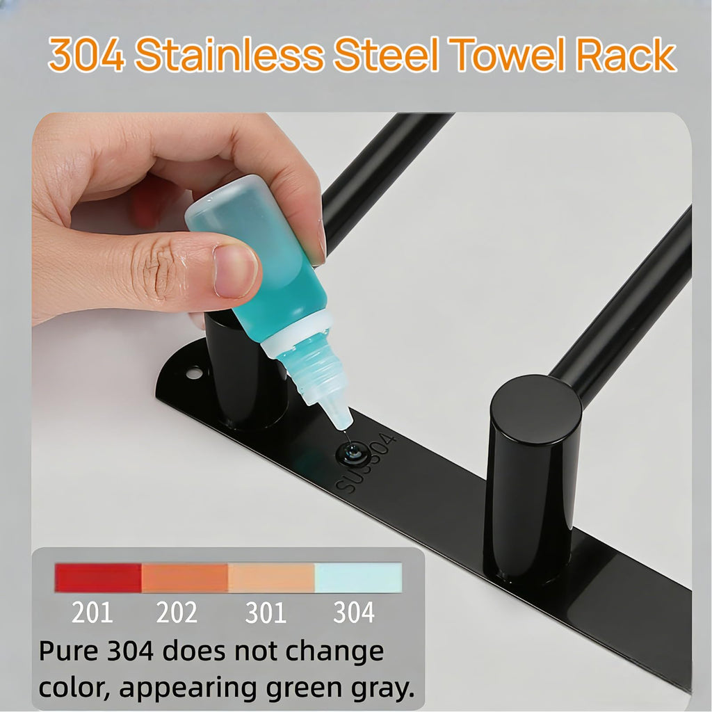MEKENSO SUS304 Dual Bar Adjustable Towel Bar, Expandable Space Saving Towel Rack, Bathroom Towel Holder with Double Hook 16.9 to 29.9 Inch, No Drill/Screw Installation.（Black）